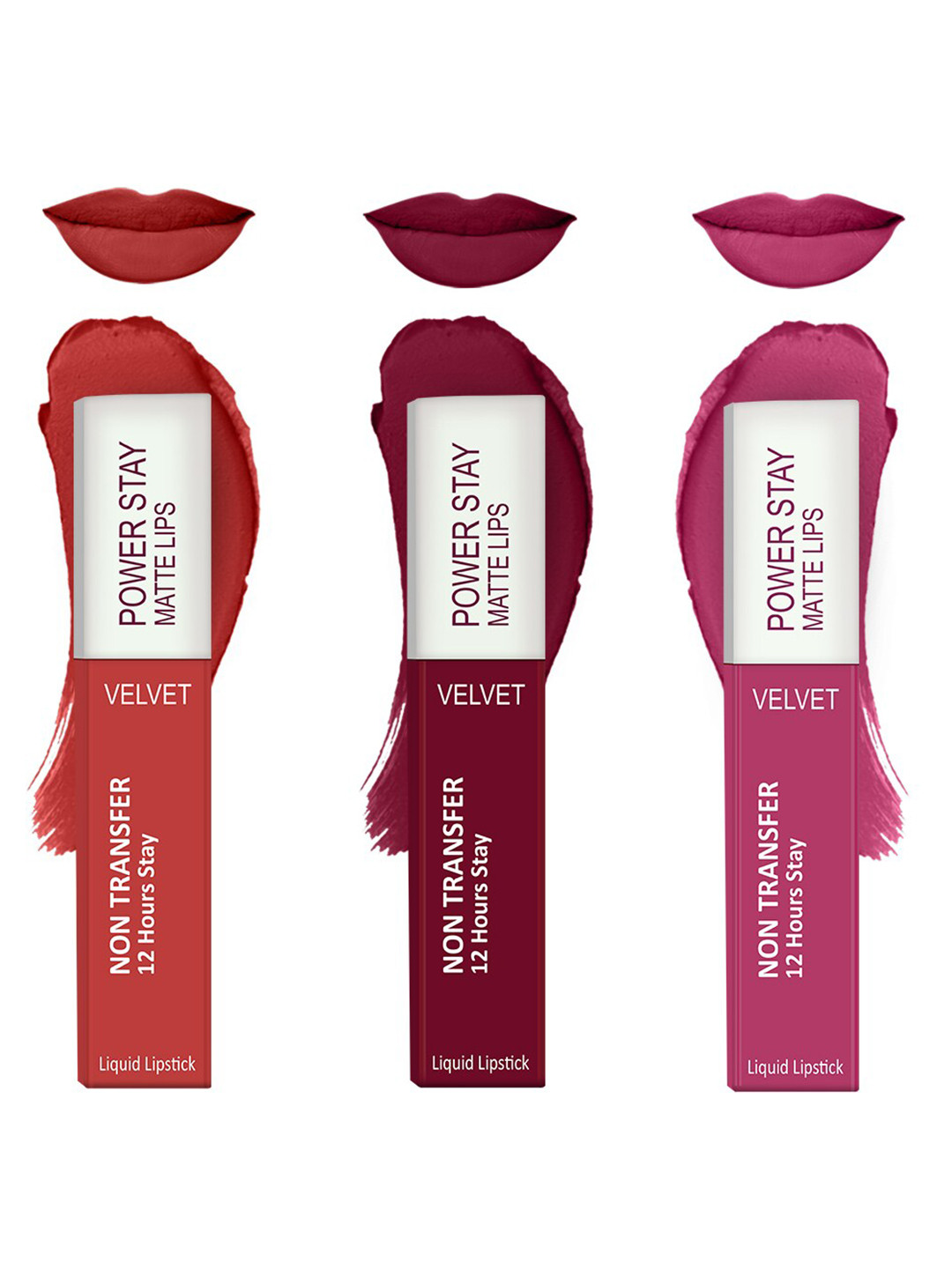 Forsure Set of 3 Power Stay Matte Lips Non-Transfer 12 Hours Stay Velvet Matte Liquid Lipstick - Bright Red 01 - Cherry Maroon 09 - Pink Blush 10