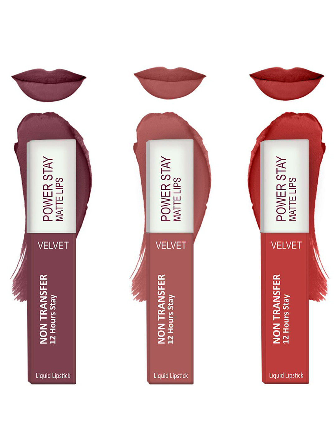 Forsure Set of 3 Power Stay Matte Lips Non-Transfer 12 Hours Stay Velvet Matte Liquid Lipstick - Mauve Matte 23 - Peach Nude 21 - Bright Red 01