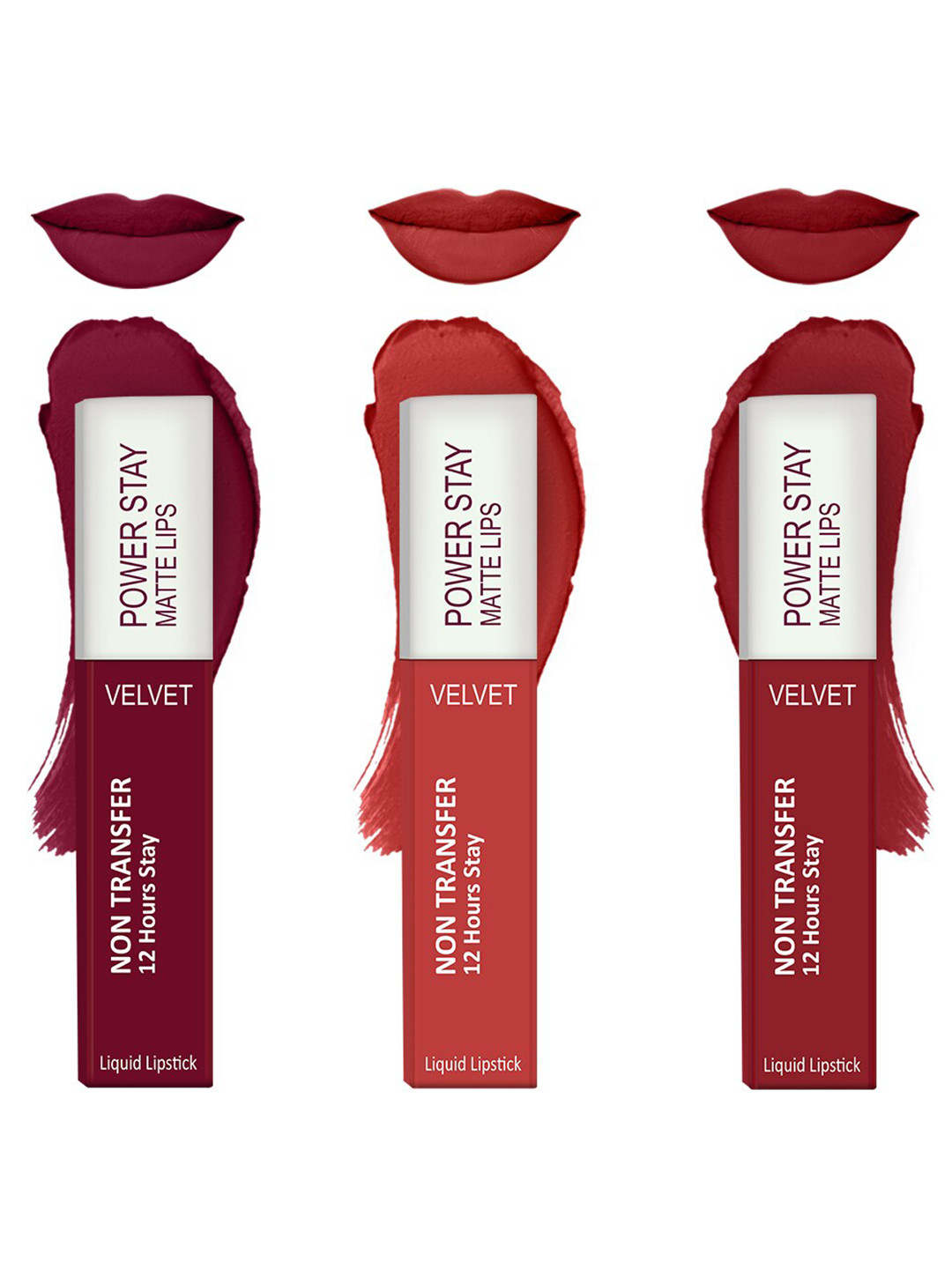 Forsure Set of 3 Power Stay Matte Lips Non-Transfer 12 Hours Stay Velvet Matte Liquid Lipstick - Cherry Maroon 09 - Bright Red 01- Deep Red 22