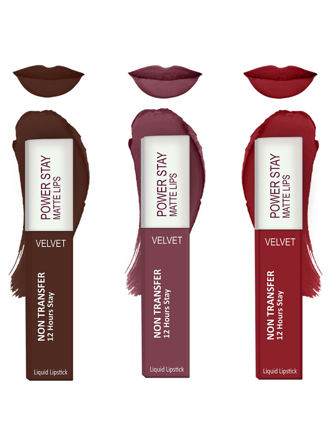 Forsure Set of 3 Power Stay Matte Lips Non-Transfer 12 Hours Stay Velvet Matte Liquid Lipstick - Deep Brown 16 - Mauve Matte 23 - Deep Red 22