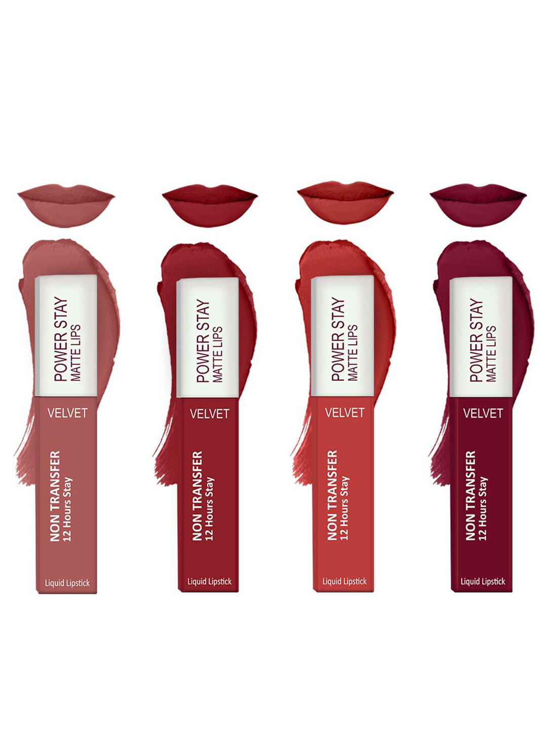 Forsure Set of 4 Power Stay Matte Lips Non-Transfer 12 Hours Stay Velvet Matte Liquid Lipstick - Peach Nude 21 - Deep Red 22 - Bright Red 01 - Cherry Maroon 09