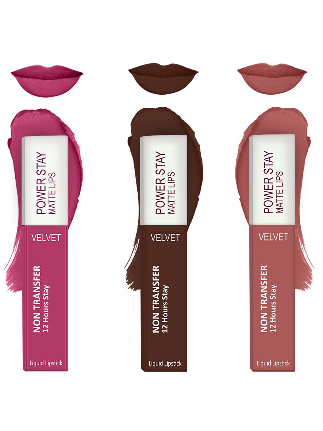 Forsure Set of 3 Power Stay Matte Lips Non-Transfer 12 Hours Stay Velvet Matte Liquid Lipstick - Pink Blush 10 - Deep Brown 16 - Peach Nude 21