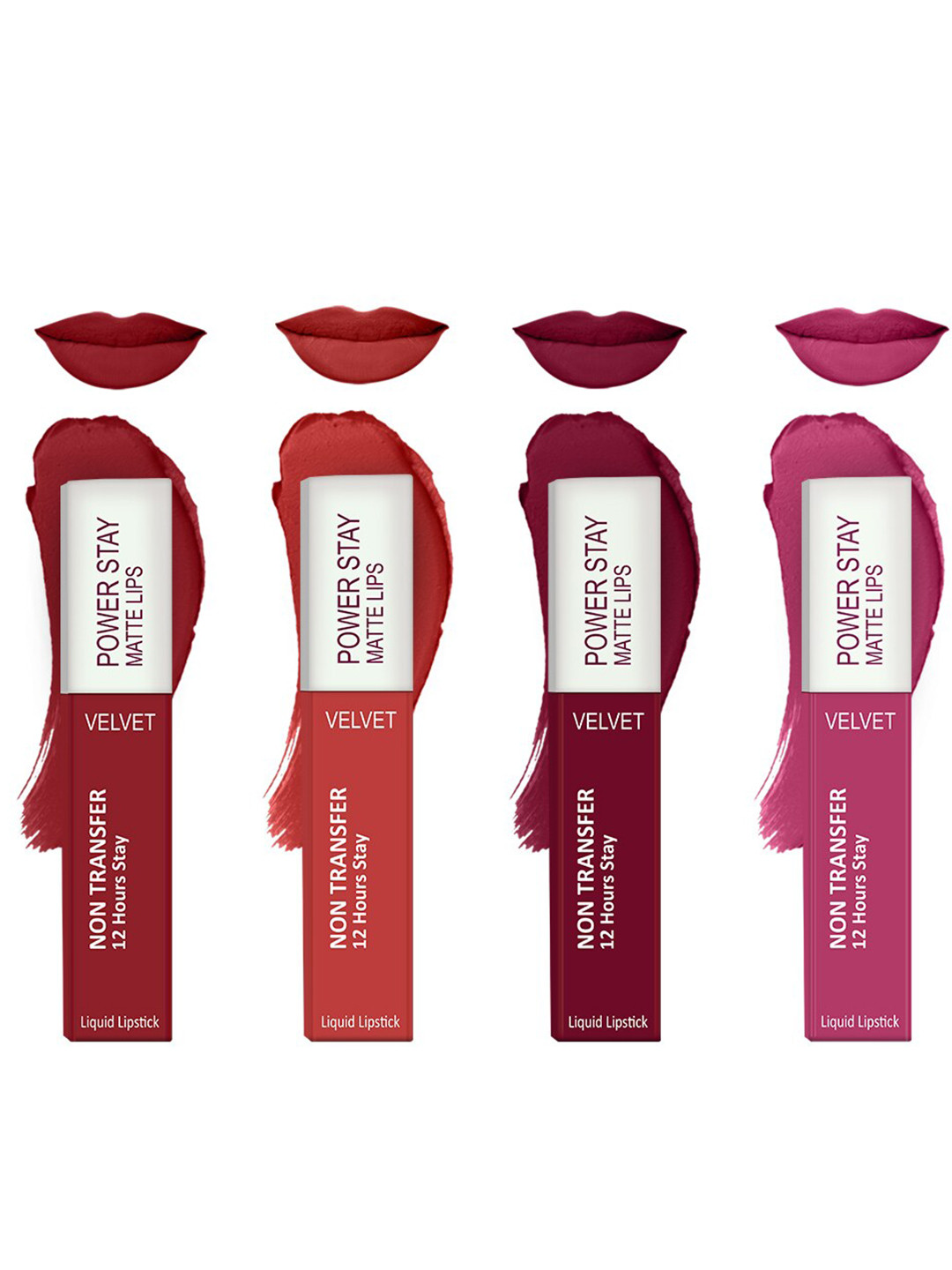 Forsure Set of 4 Power Stay Matte Lips Non-Transfer 12 Hours Stay Velvet Matte Liquid Lipstick - Deep Red 22 - Bright Red 01 - Cherry Maroon 09- Pink Blush 10
