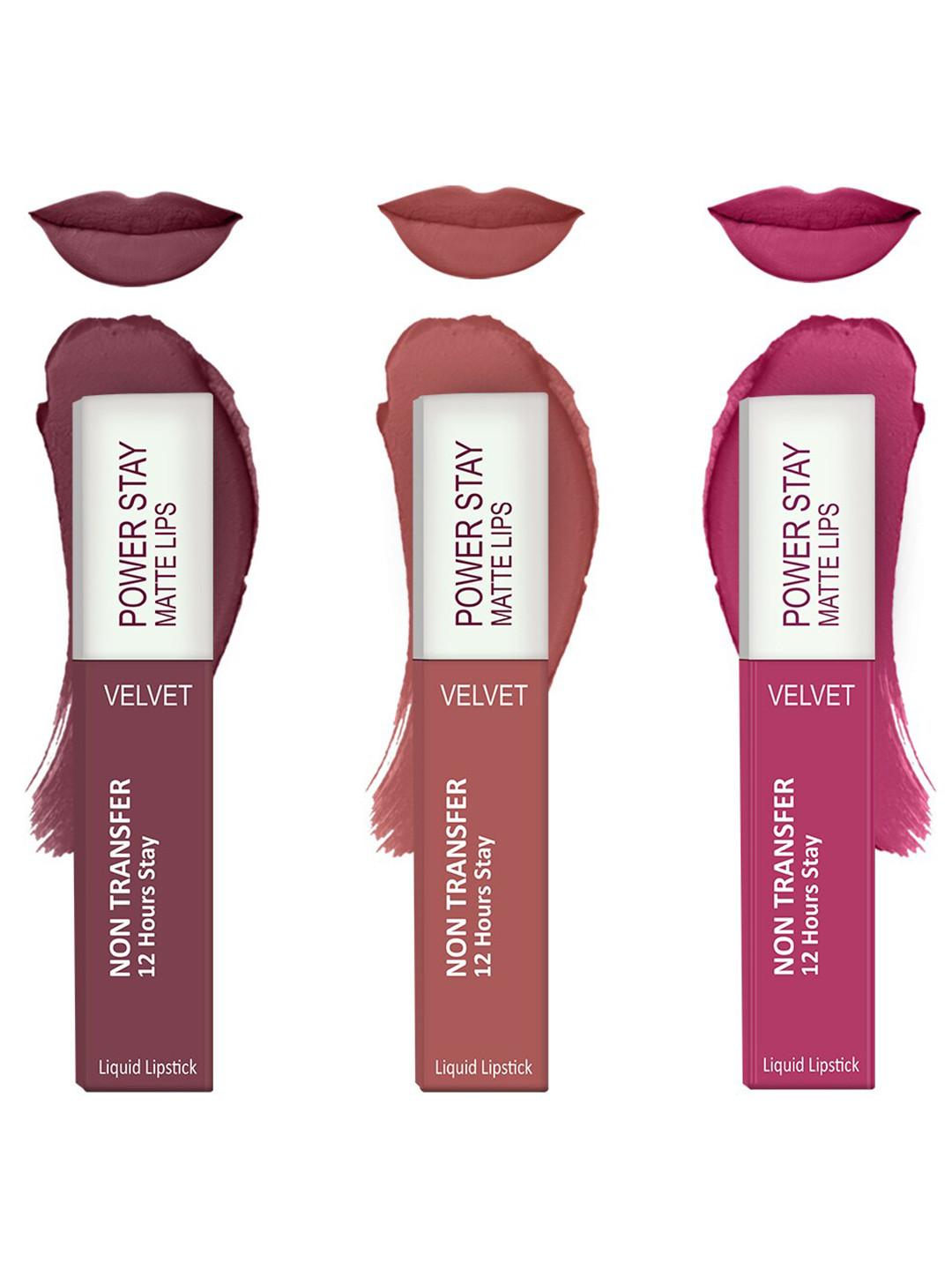 Forsure Set of 3 Power Stay Matte Lips Non-Transfer 12 Hours Stay Velvet Matte Liquid Lipstick - Mauve Matte 23 - Peach Nude 21 - Pink Blush 10