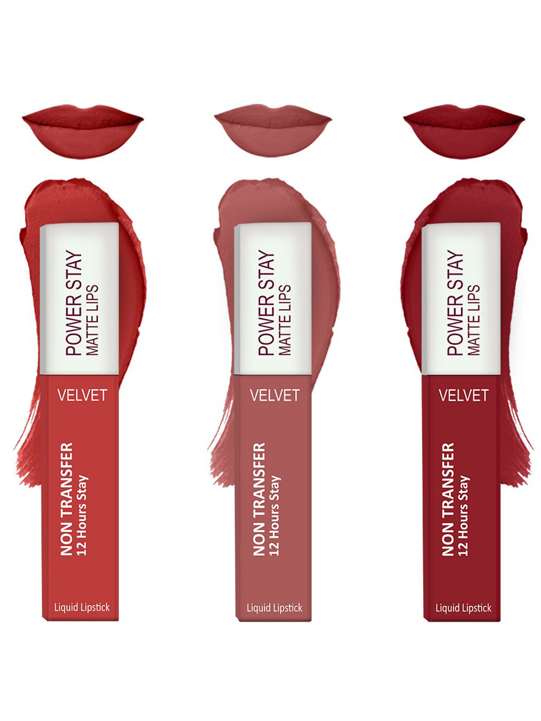 Forsure Set of 3 Power Stay Matte Lips Non-Transfer 12 Hours Stay Velvet Matte Liquid Lipstick - Bright Red 01 - Peach Nude 21 - Deep Red 22