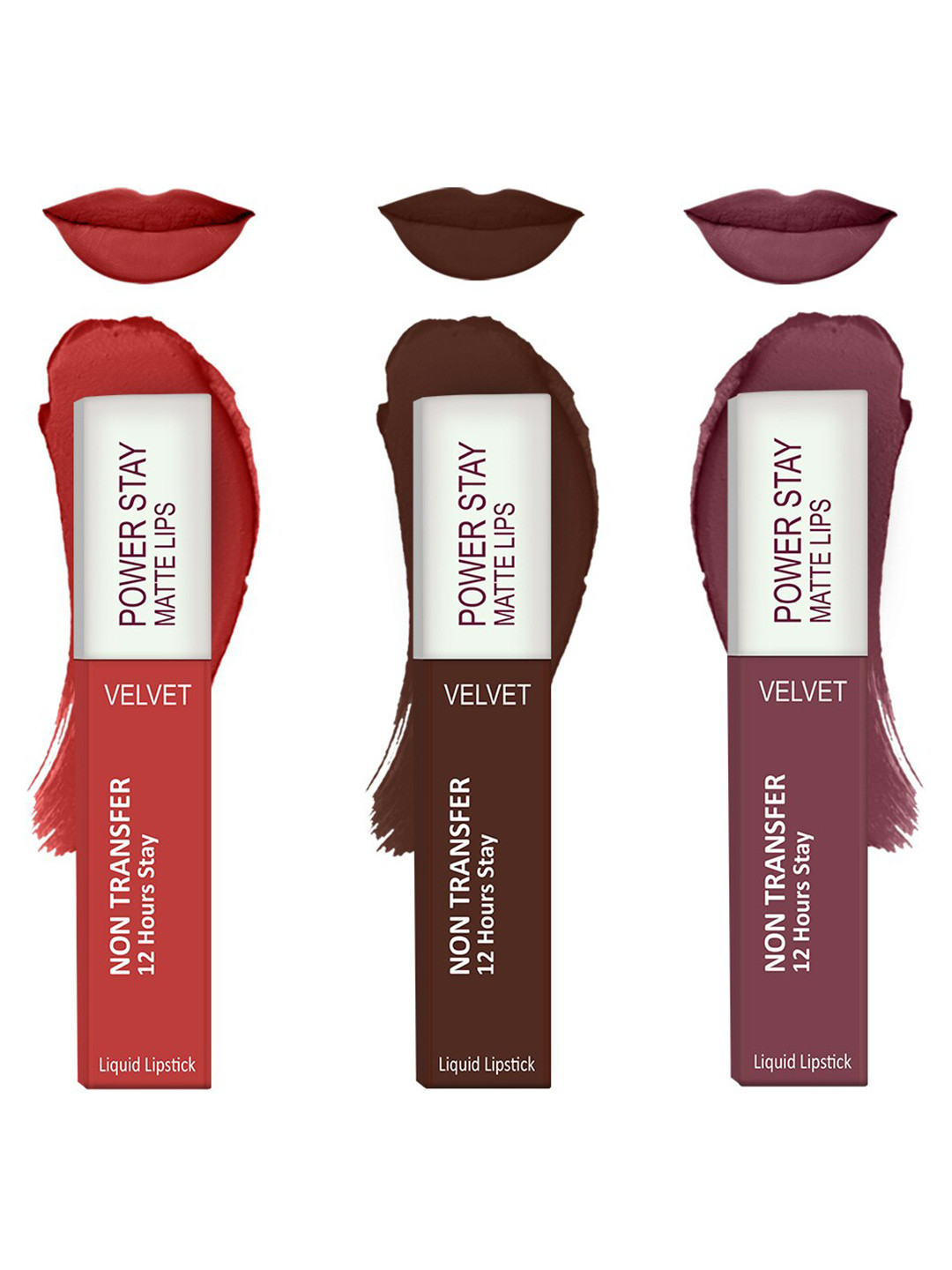 Forsure Set of 3 Power Stay Matte Lips Non-Transfer 12 Hours Stay Velvet Matte Liquid Lipstick - Bright Red 01 - Deep Brown 16 - Mauve Matte 23