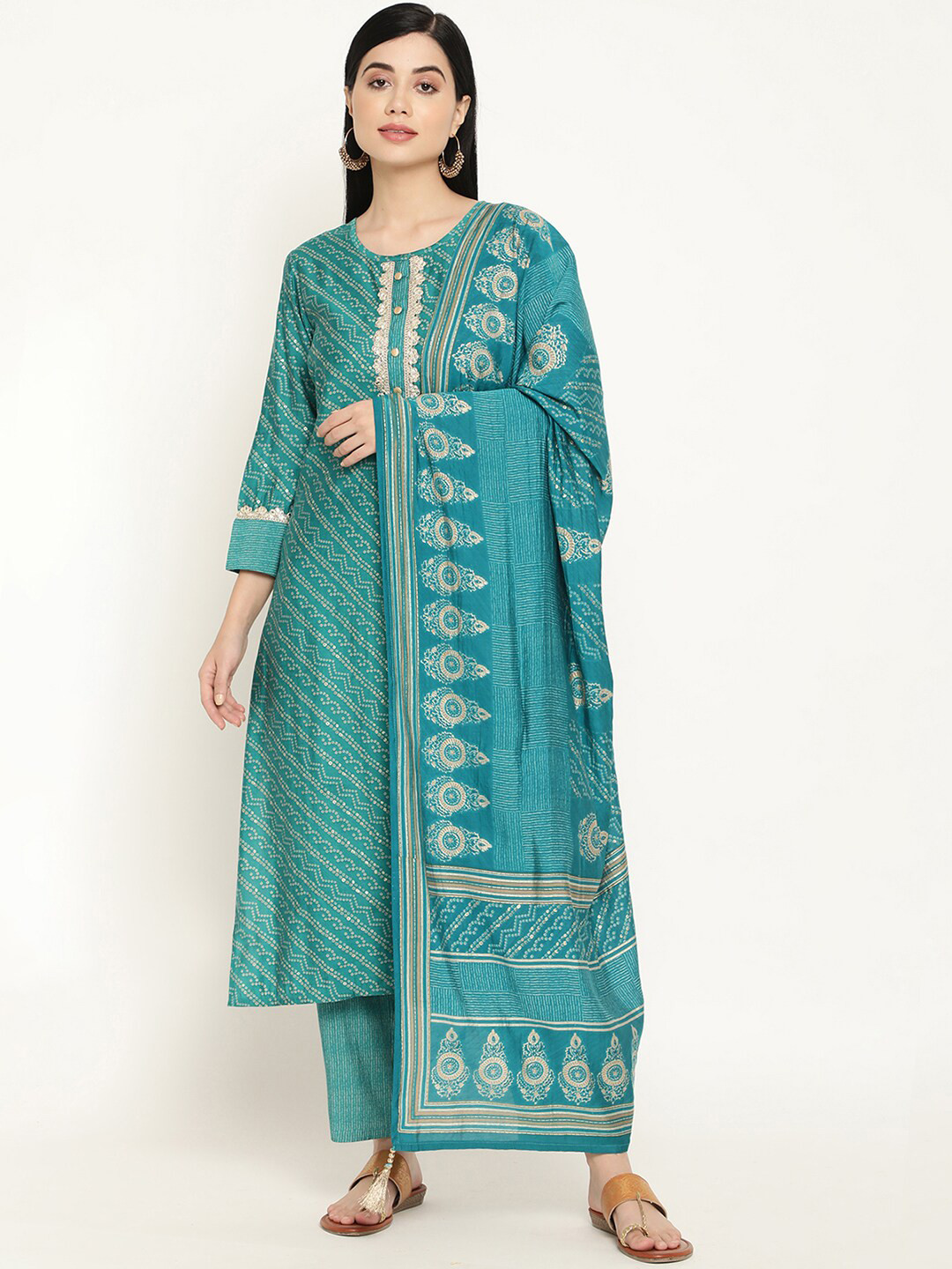 Be Indi Women Bandhani Printed Chanderi Silk Kurta Set with Trouser & Dupatta