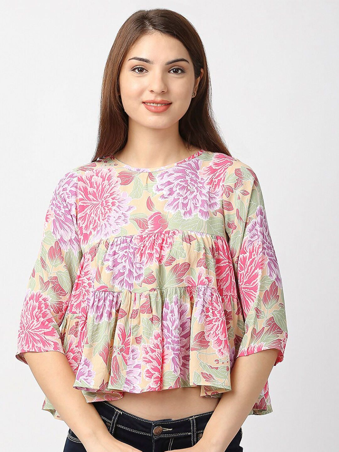 aaliya Purple & Pink Floral Print Layered Georgette Peplum Crop Top