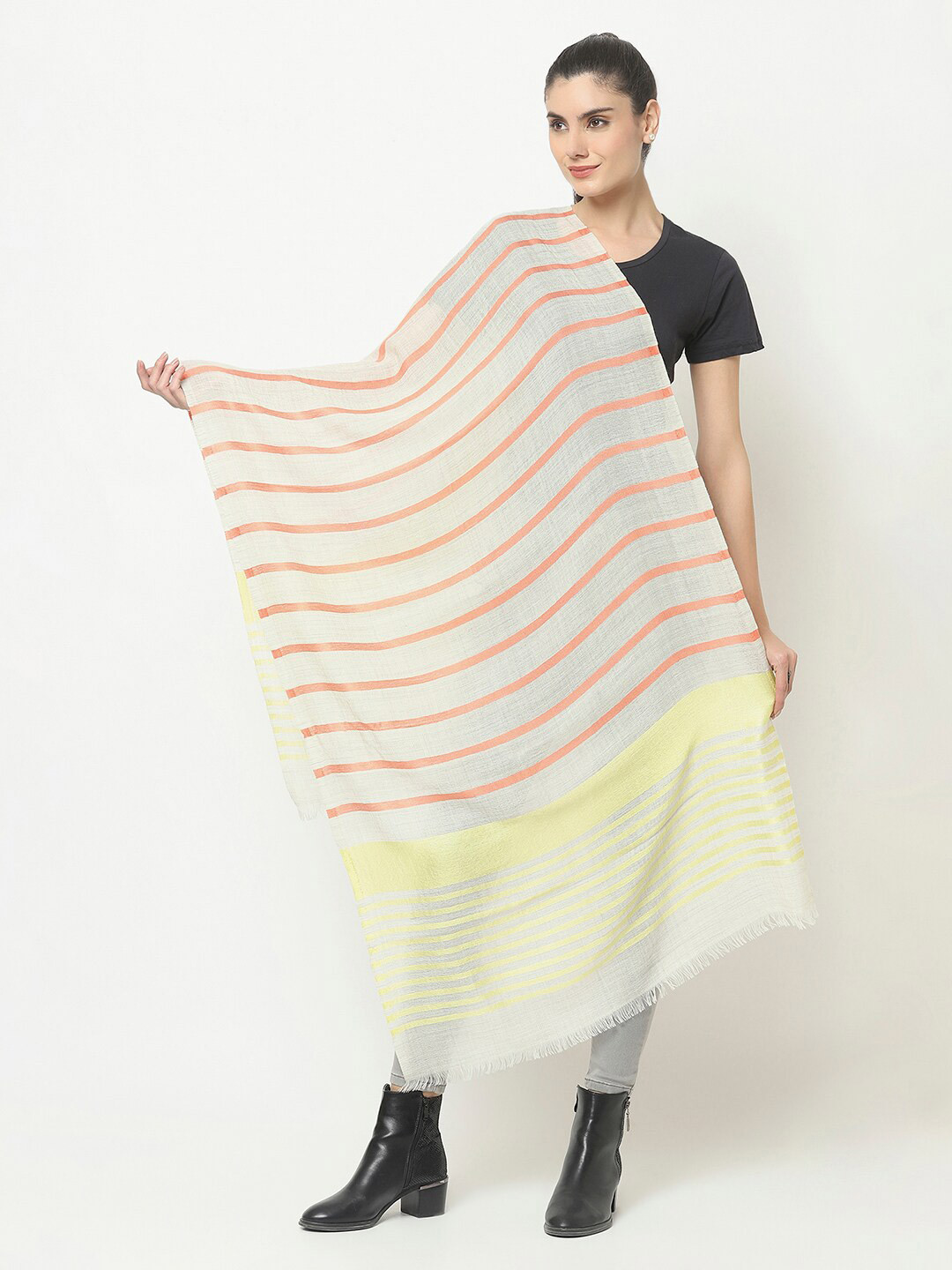 Owncraft Women White & Yellow Woolen Striped Stole