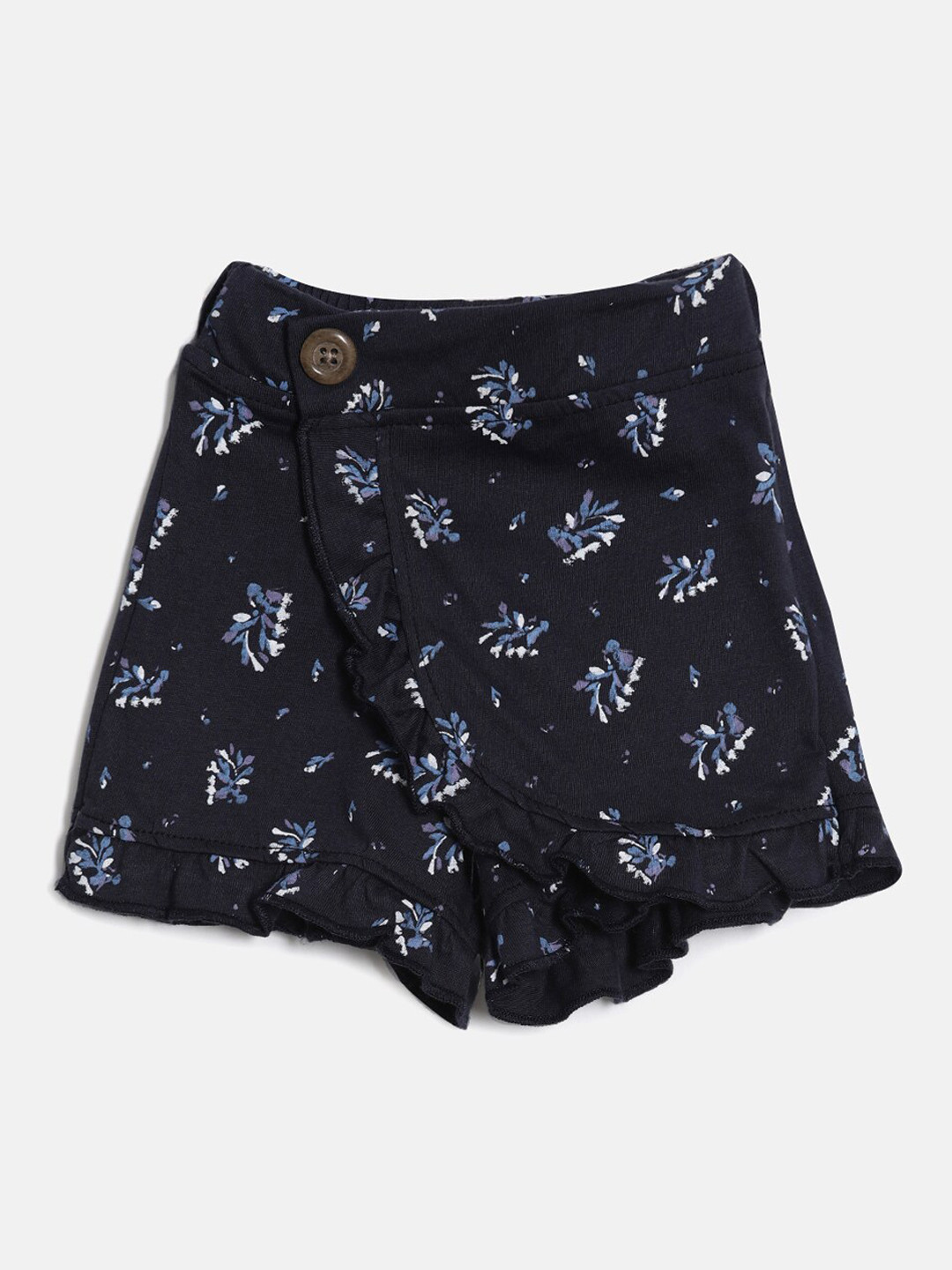 Kryptic Girls Navy Blue Cotton Floral Printed Shorts