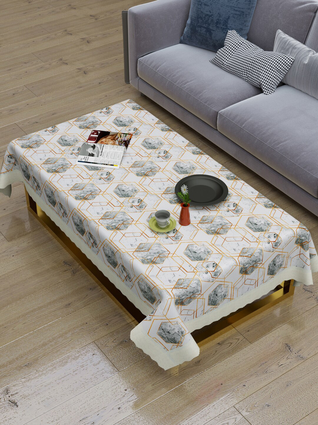 Clasiko Off-White & Grey Printed 2 Seater Rectangle Table Cover