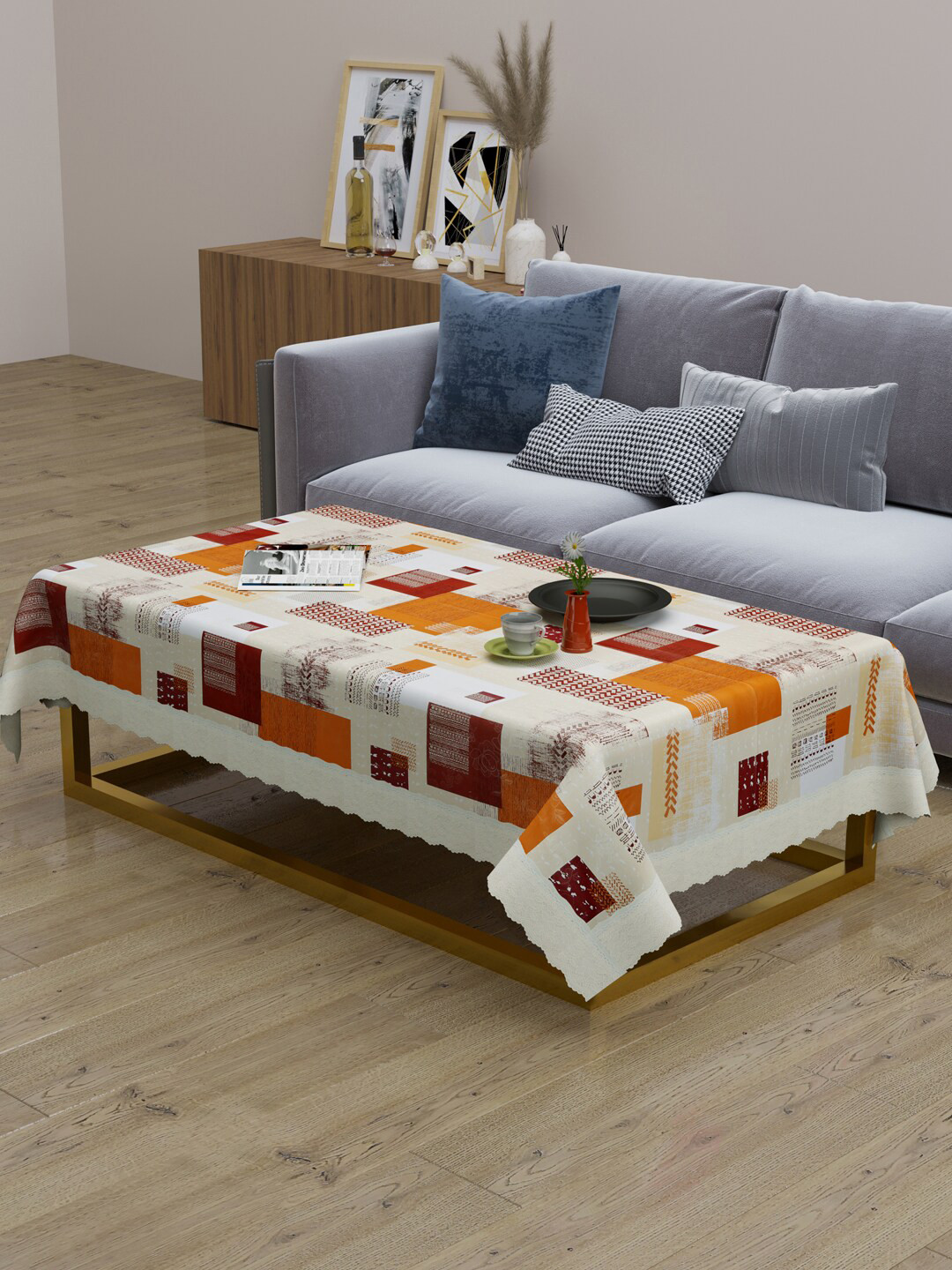 Clasiko Off White & Orange Printed Rectangle Table Cover