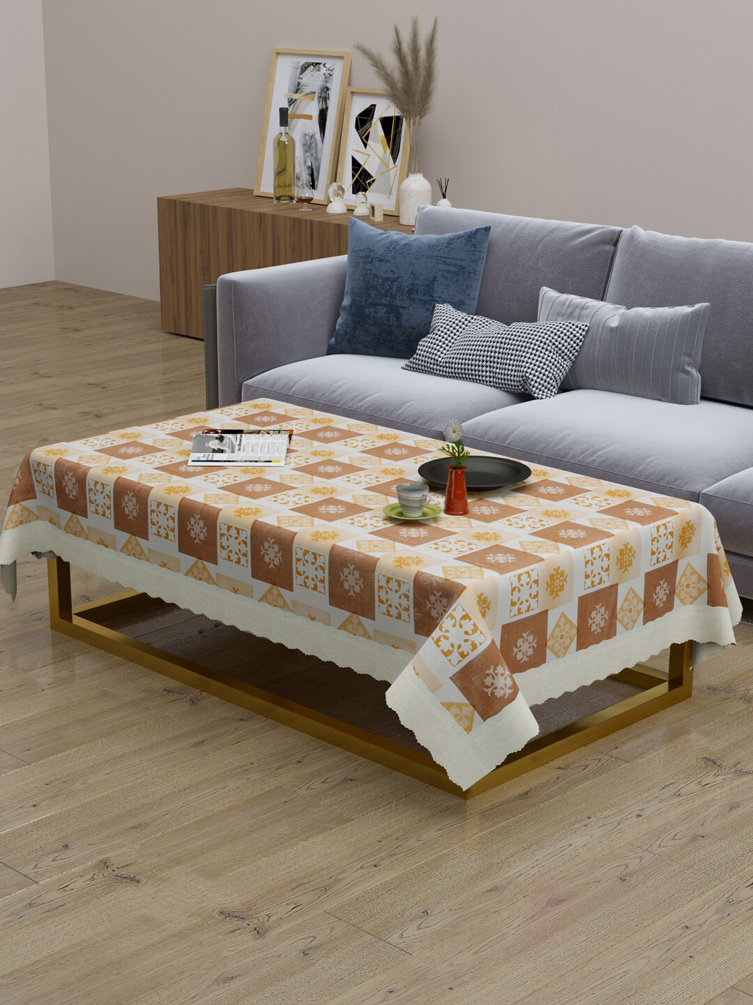 Clasiko Brown & Off White Printed Plastic Rectangle Table Cover