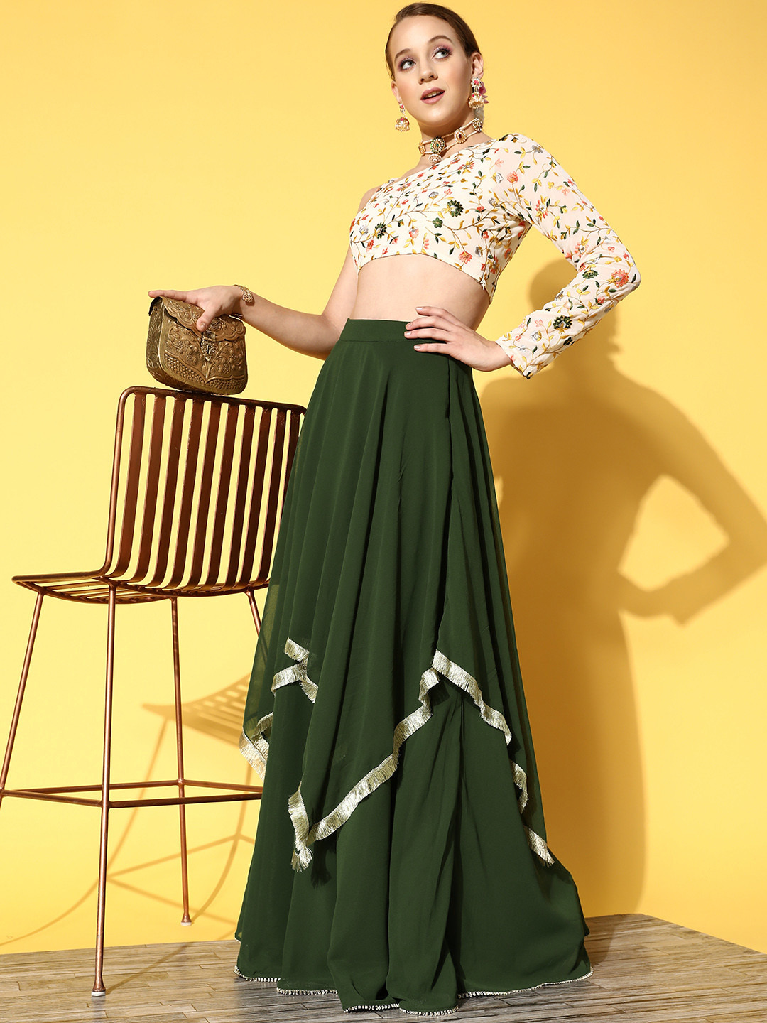 Inddus Women Off White & Green Embroidered One Shoulder Top With Skirt