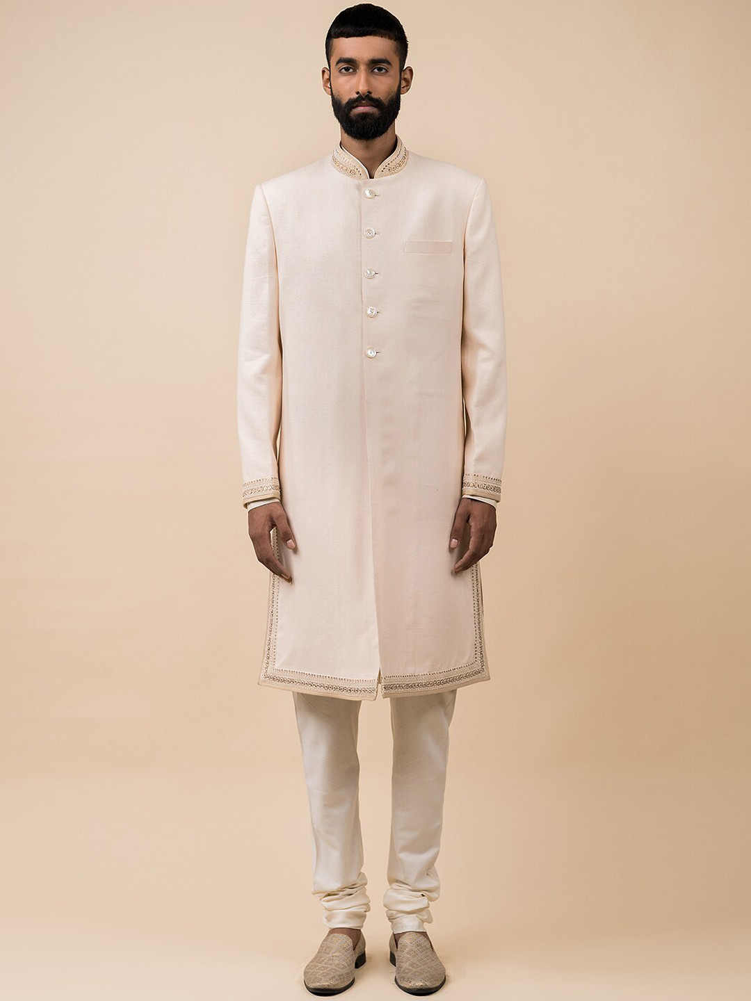 Tasva Men Off White Solid Linen Sherwani Set