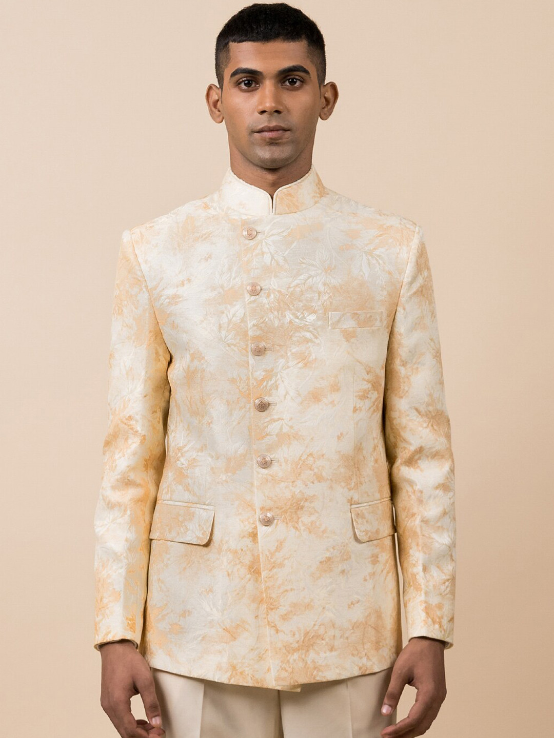 Tasva Men Beige & Orange Printed 2-Piece Bandhgala Suit