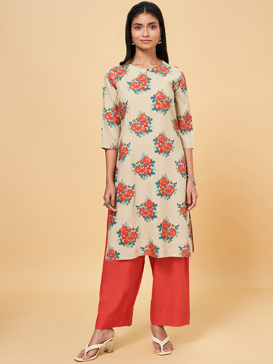 RANGMANCH BY PANTALOONS Women Beige & Orange Printed Kurta with Palazzos