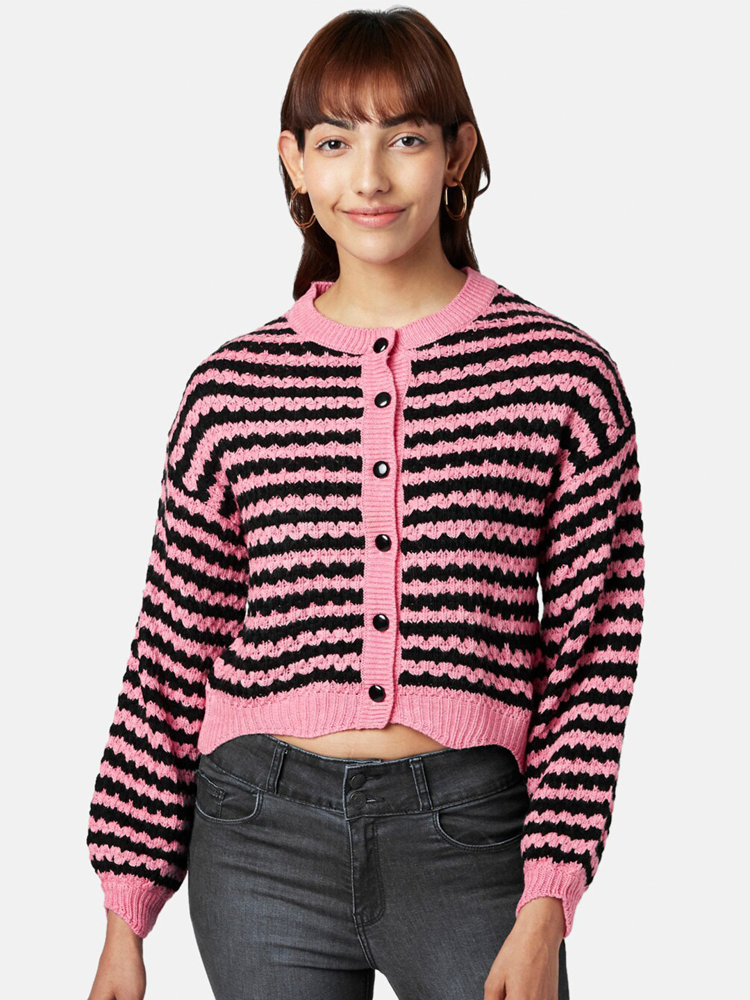 People Women Pink & Black Striped Striped Crop Cardigan