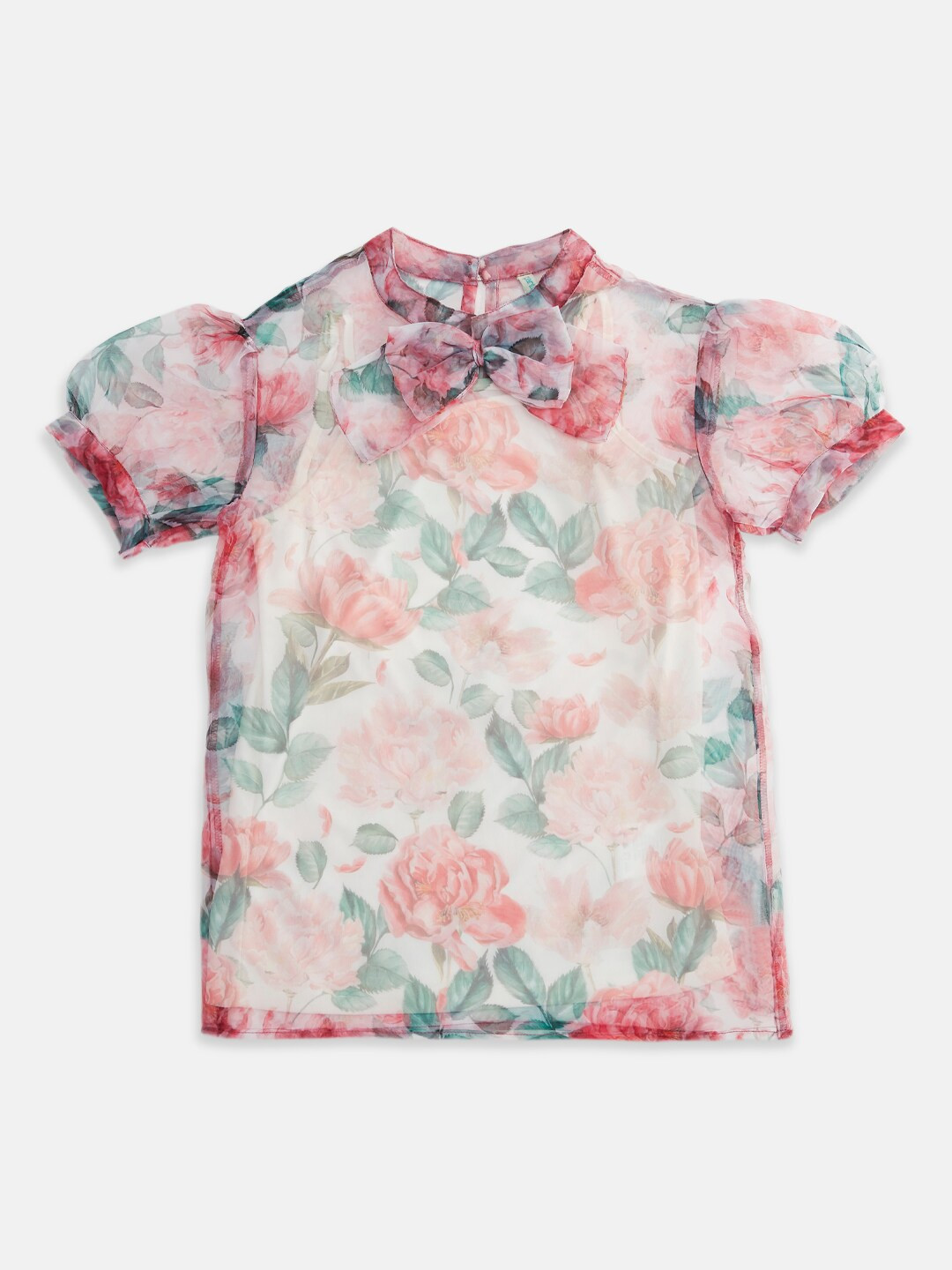 Pantaloons Junior White & Pink Floral Print Mandarin Collar Top