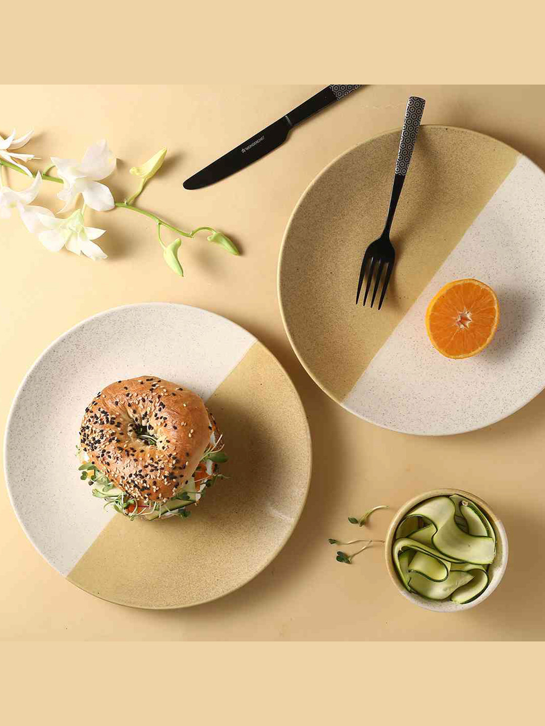 Wonderchef Set Of 2 Yellow & Cream Printed Stoneware Matte Plates