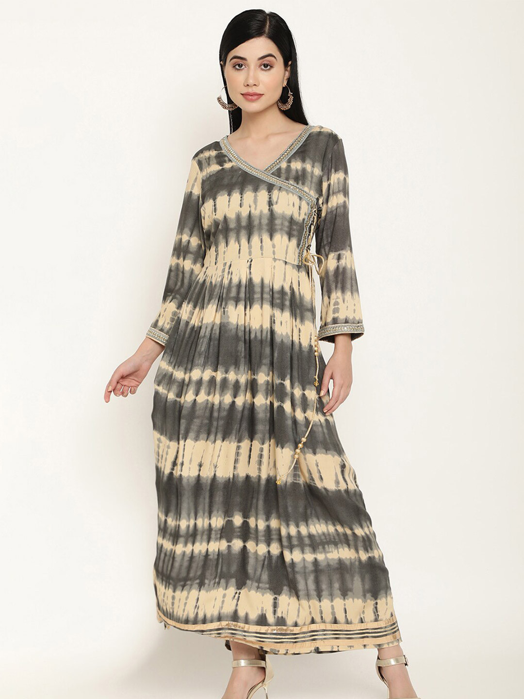 Be Indi Tie & Dye Angrakha Box Pleats Dress With Lace & Dori Tassels With Beads Detailing