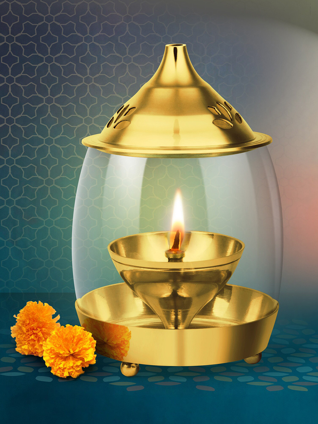 Treo Gold-Toned Arpan Brass Diya With Borosilicate Glass Cover