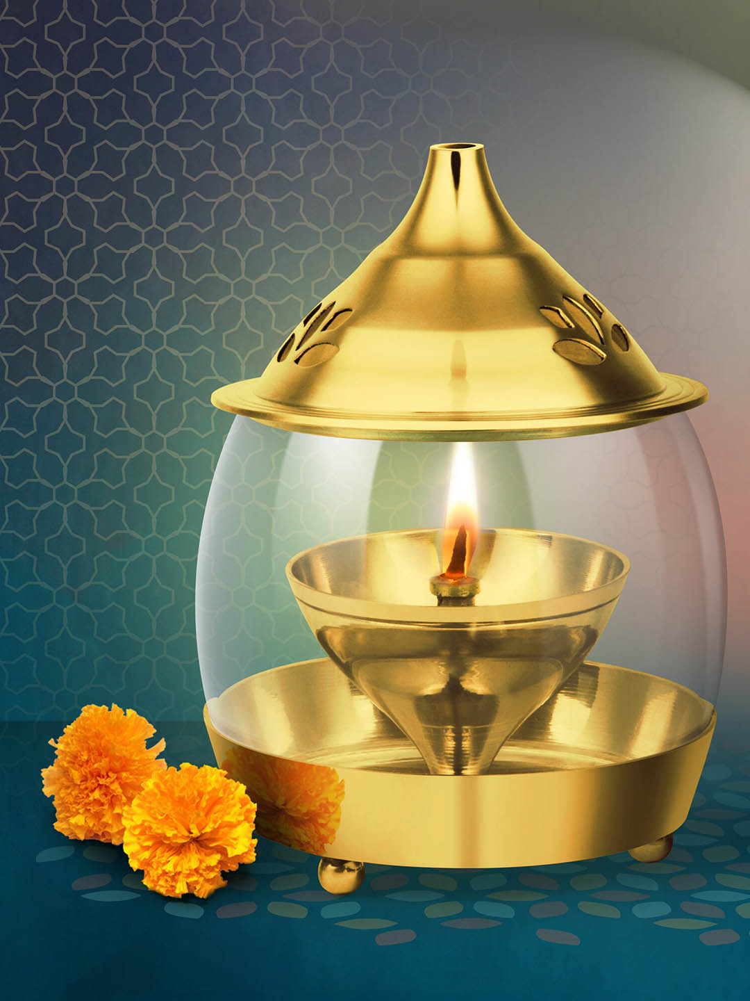 Treo Gold-Toned Arpan Brass Diya With Borosilicate Glass Small Cover