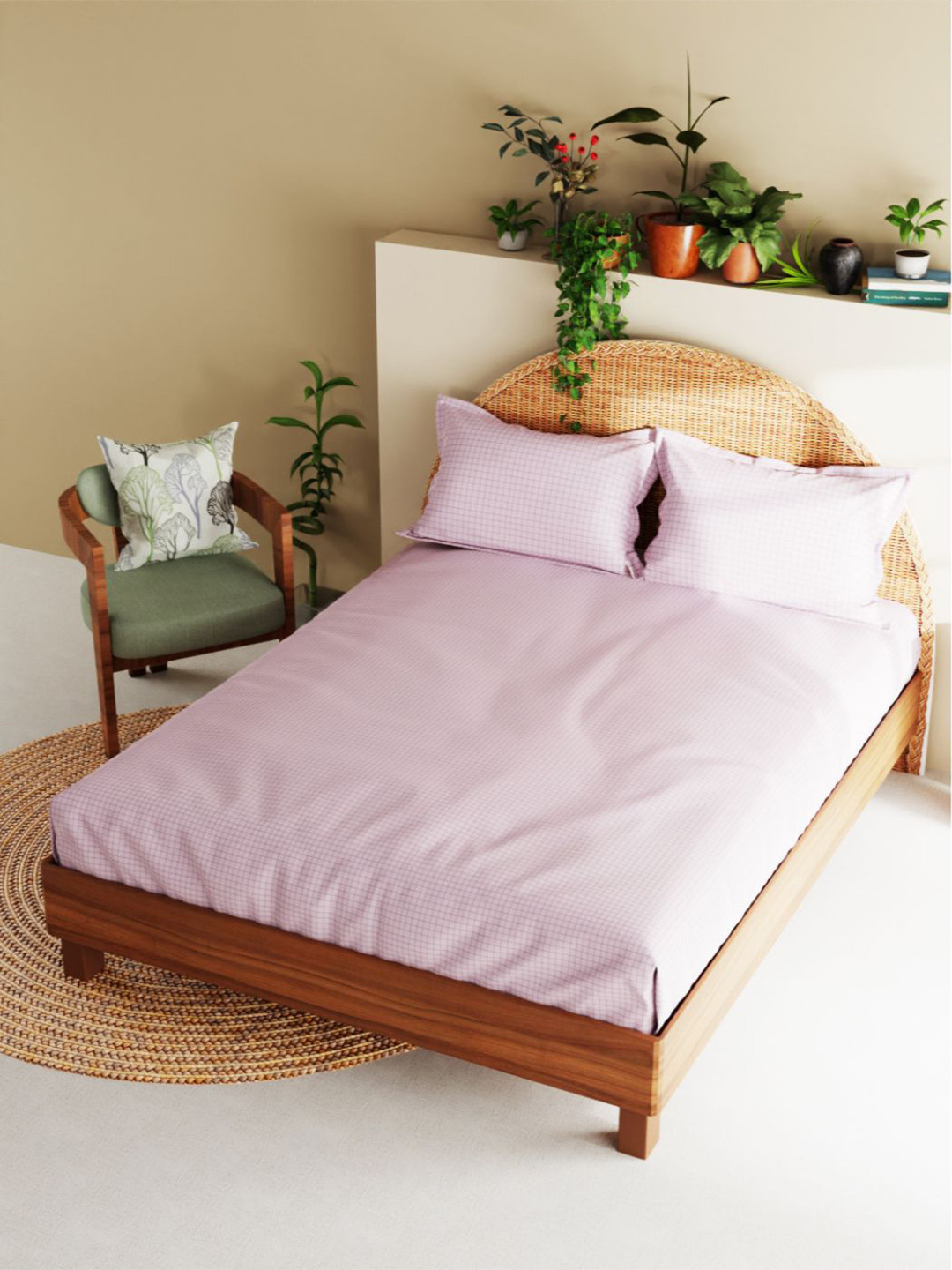 BIANCA Botanical Purple Checked Cotton 210 TC King Fine Bedsheet with 2 Pillow Covers-102 x 106 inches