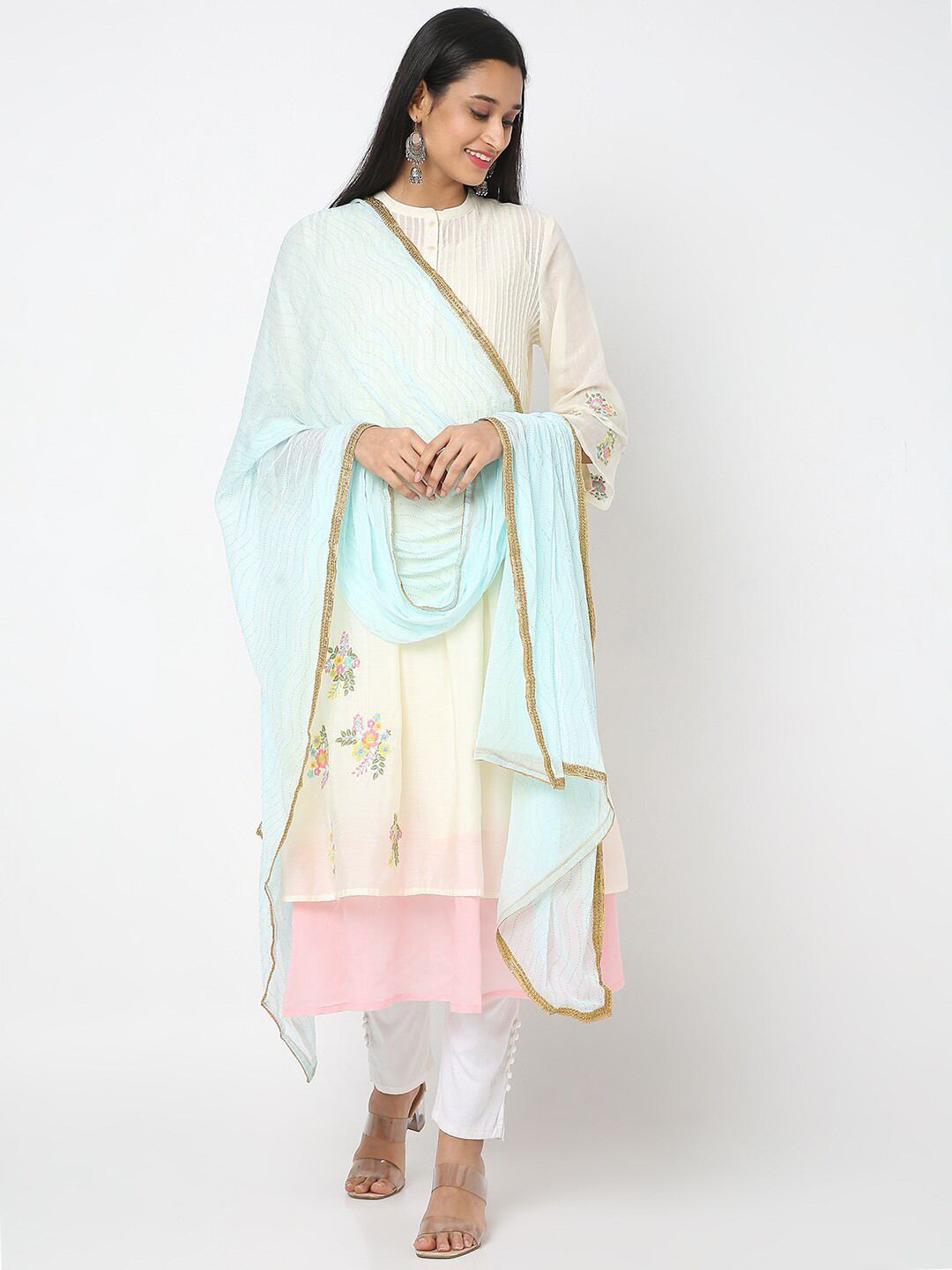 Ethnicity Women Blue & Gold-Toned Striped Poly Chiffon Dupatta with Beads and Stones