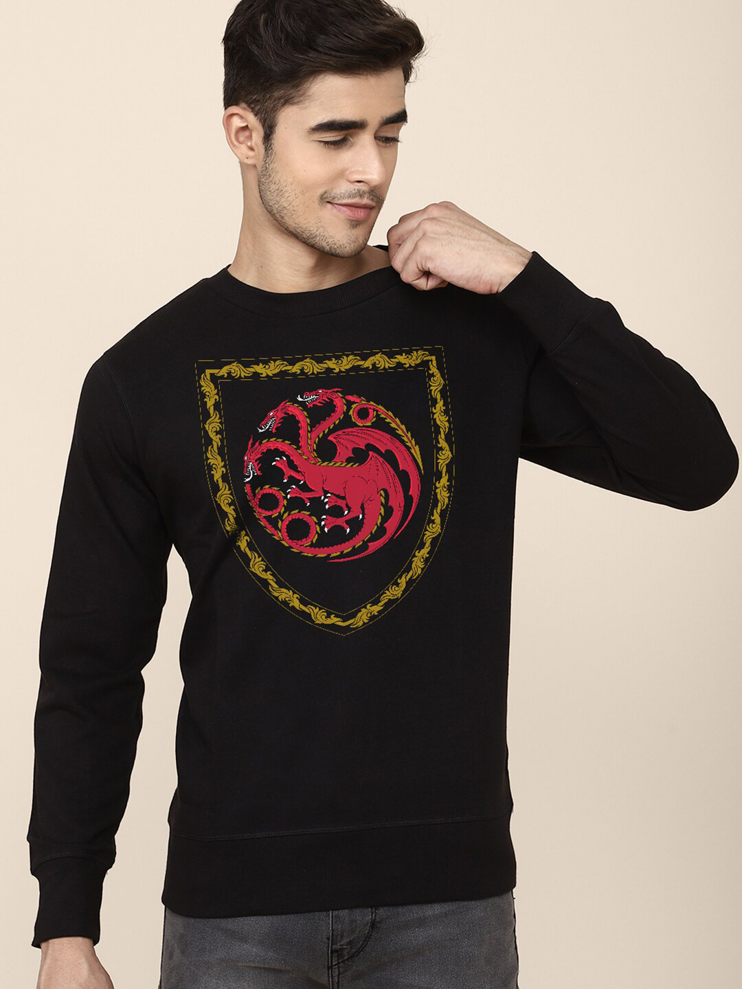 Free Authority Men Black House of Dragon Printed Pure Cotton Sweatshirt