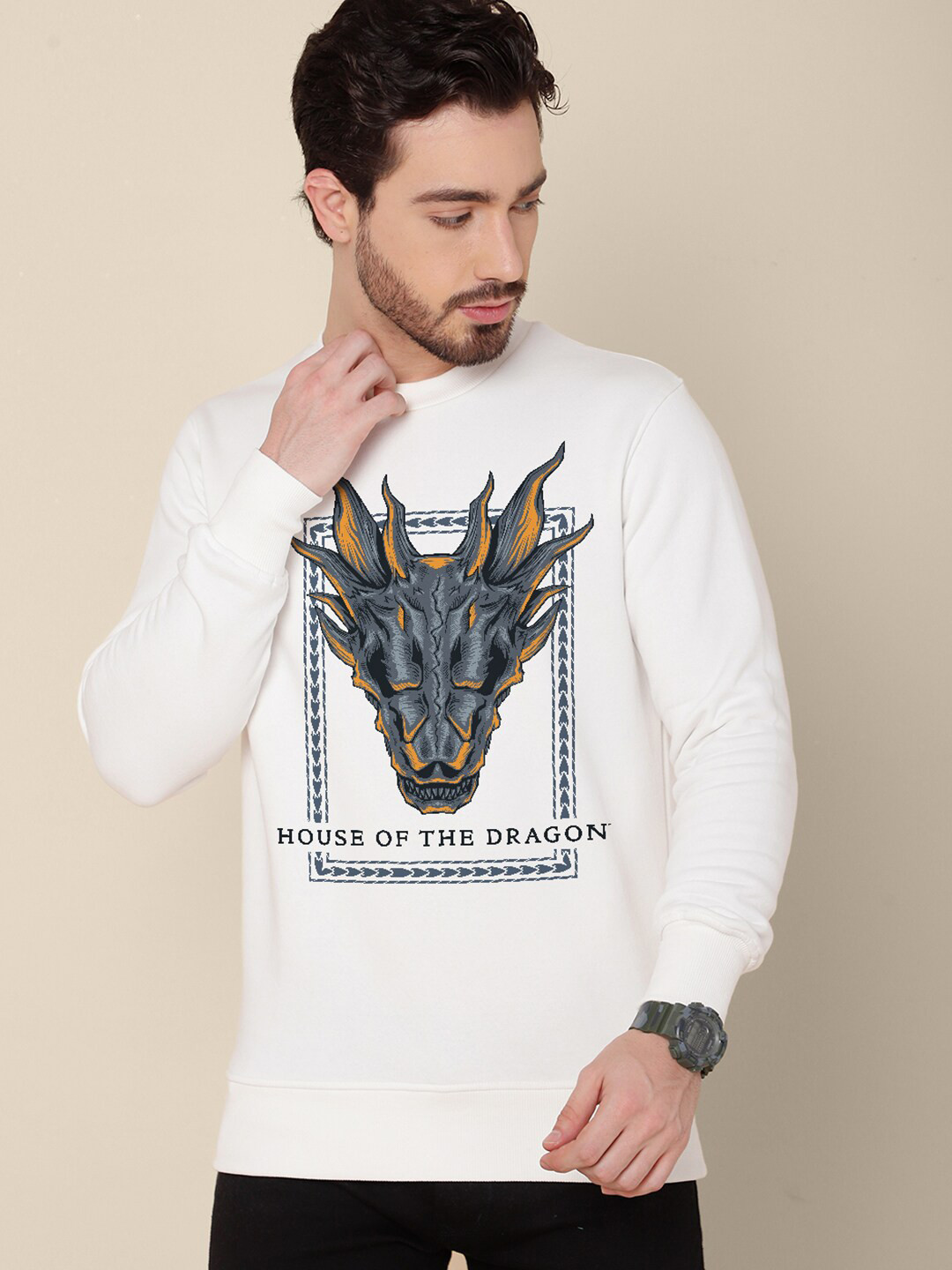 Free Authority Men Off White House of Dragon Printed Pure Cotton Sweatshirt