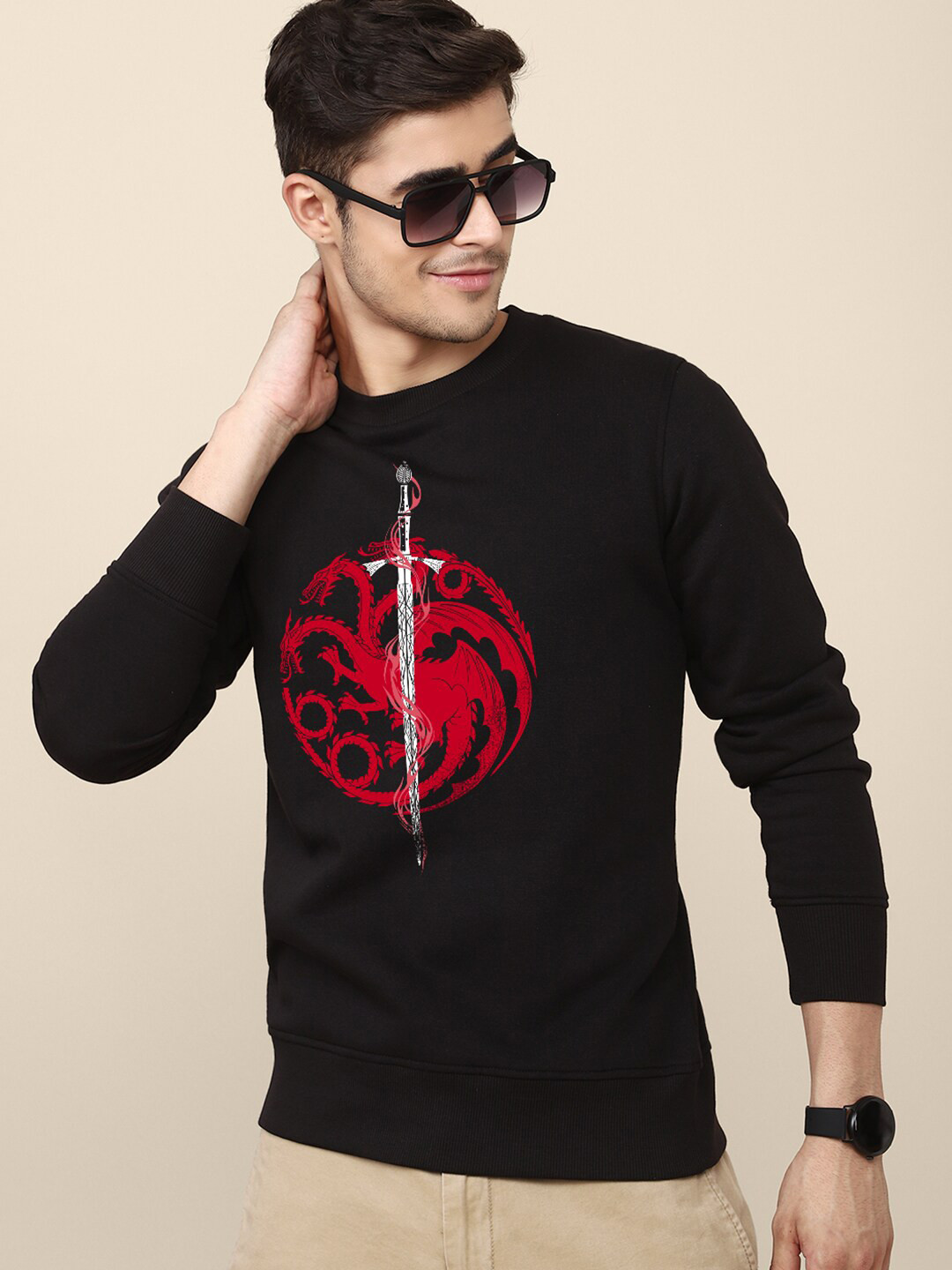 Free Authority Men Black House of Dragon Printed Pure Cotton Sweatshirt