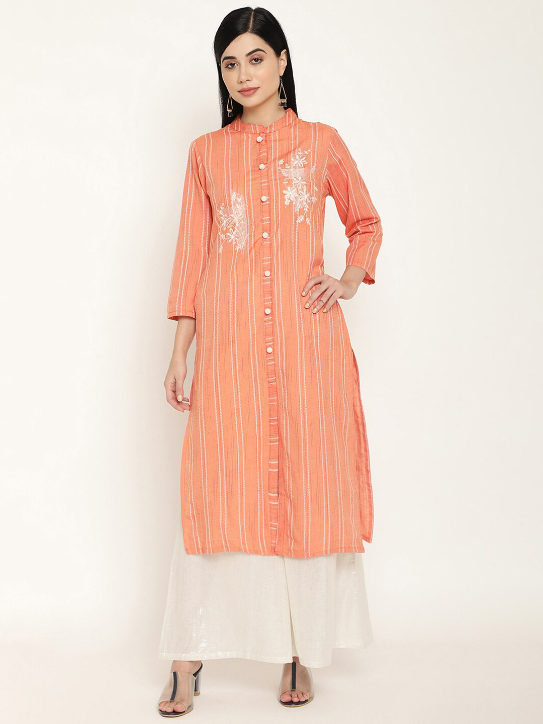 Be Indi Women Mandarin Collar Striped Straight Multiple Slits Regular Kurta