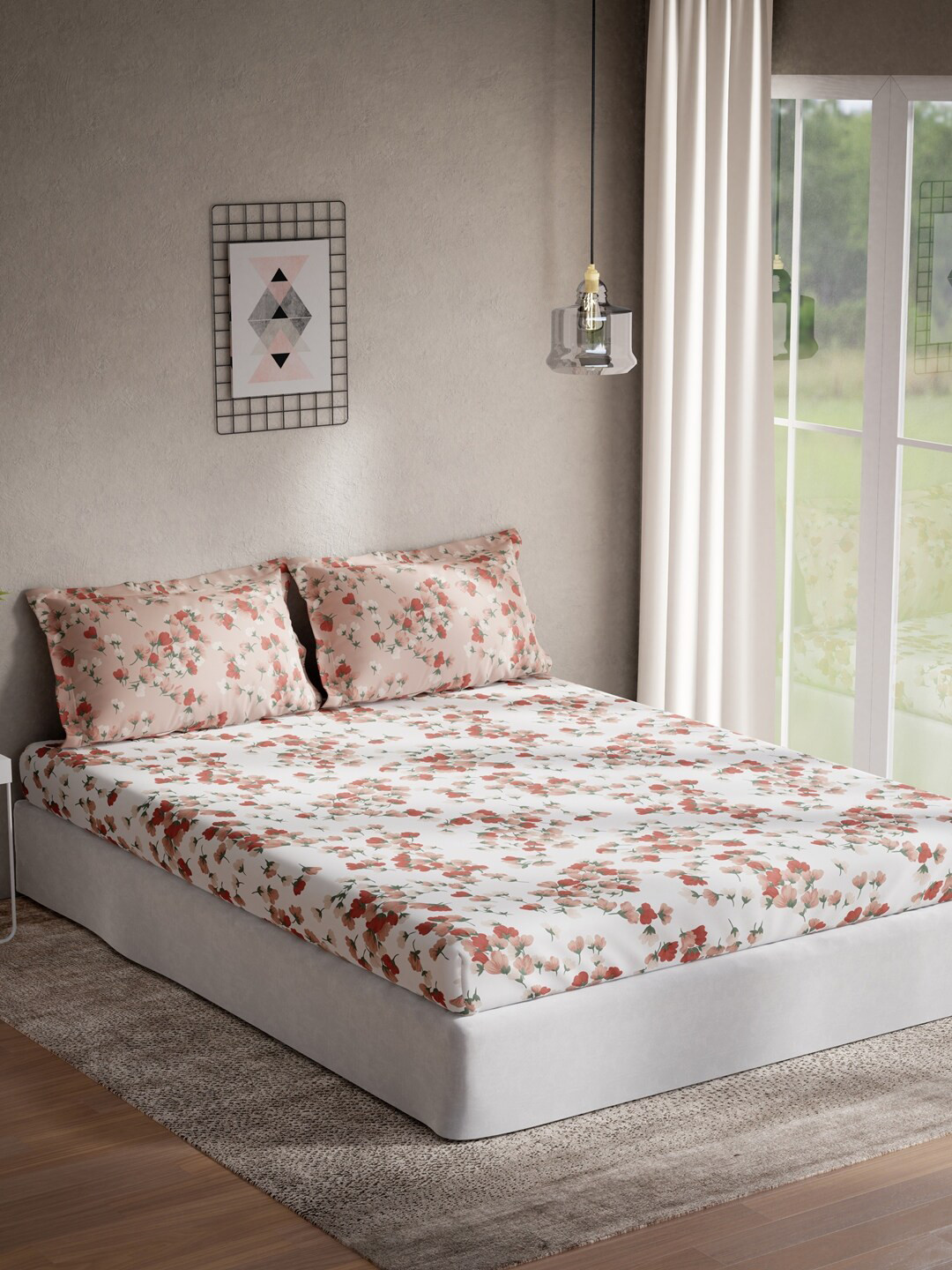 DDecor Mausam White Floral Cotton 140 TC Queen Bedsheet with 2 Pillow Covers-88 x 100 inches