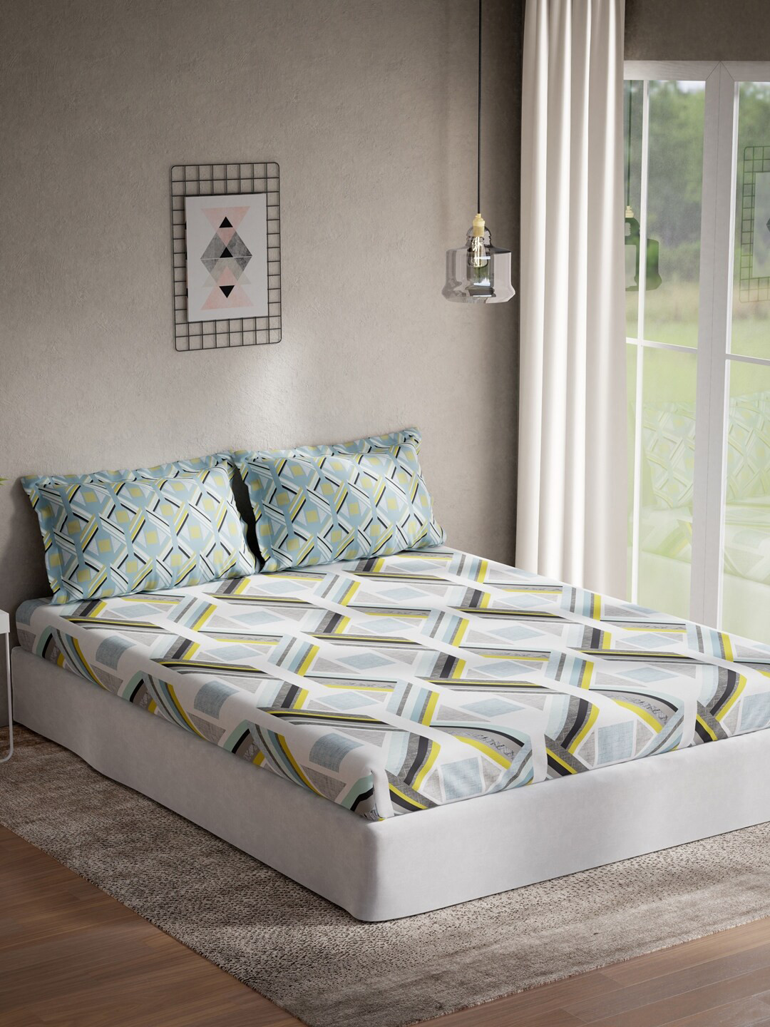 DDecor Live Beautiful Blue Geometric Cotton 140 TC Fitted Queen Bedsheet with 2 Pillow Covers-88 x 100 inches