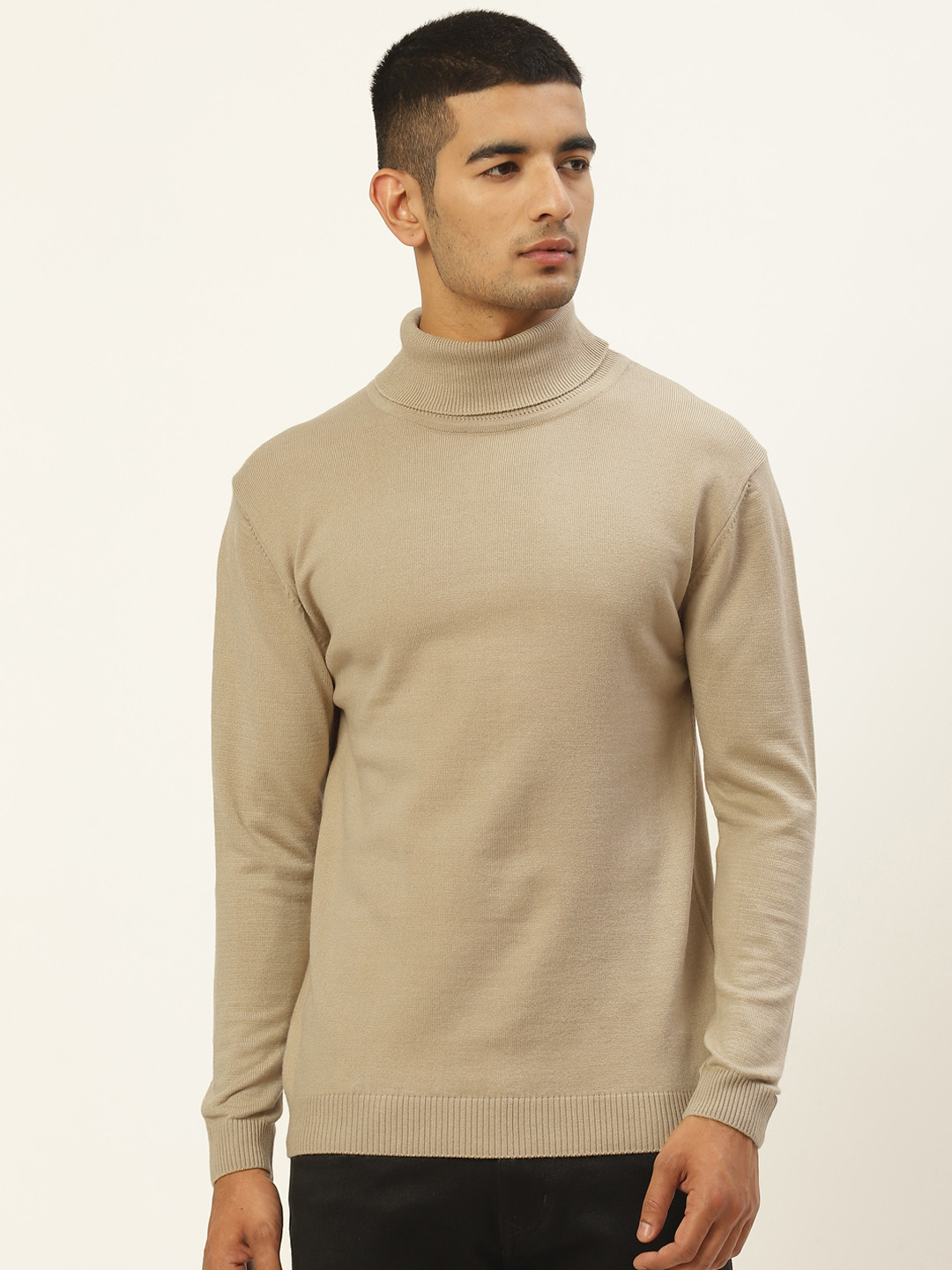 RVK Men Beige Turtle Neck Solid Pullover