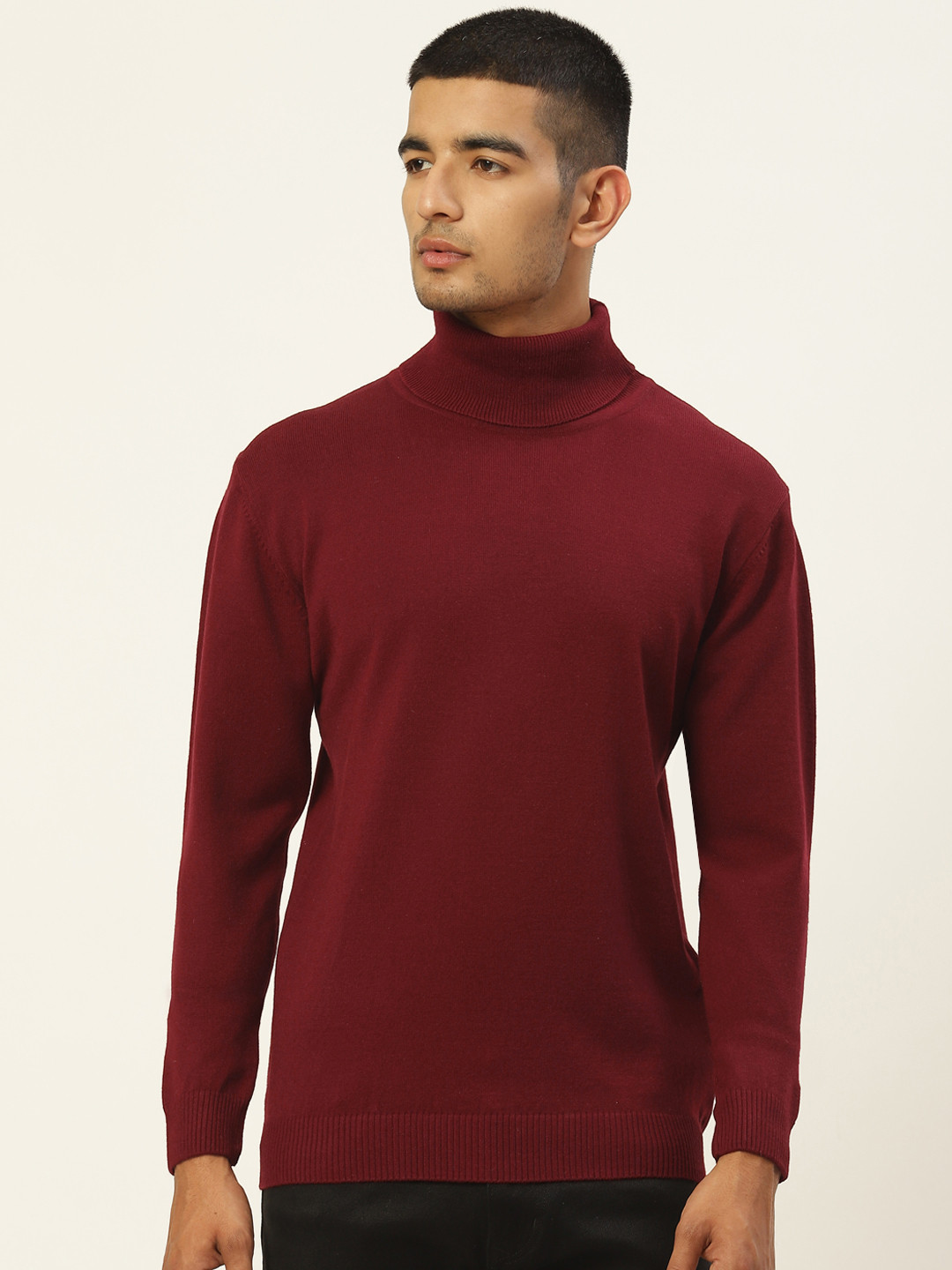RVK Men Maroon Turtle Neck Solid Pullover