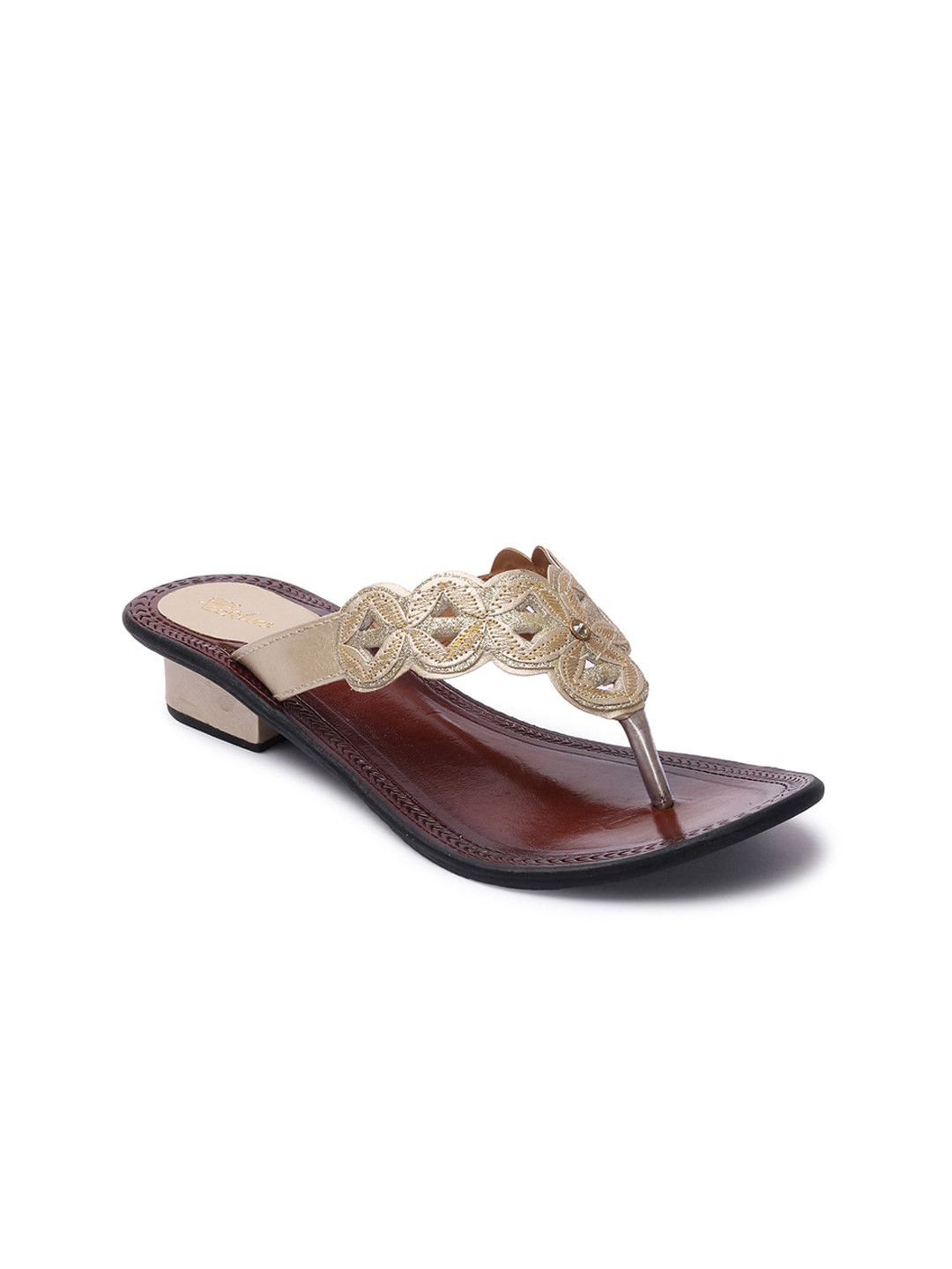 Picktoes Women Gold-Toned Embellished Ethnic T-Strap Flats