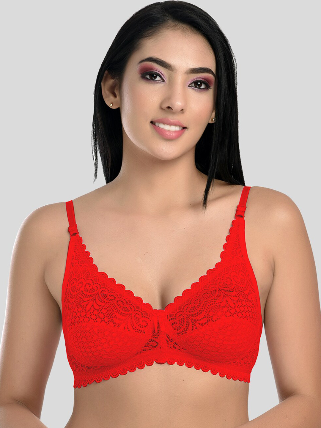 StyFun Red Non Padded & Non Wired Floral Lace Bra