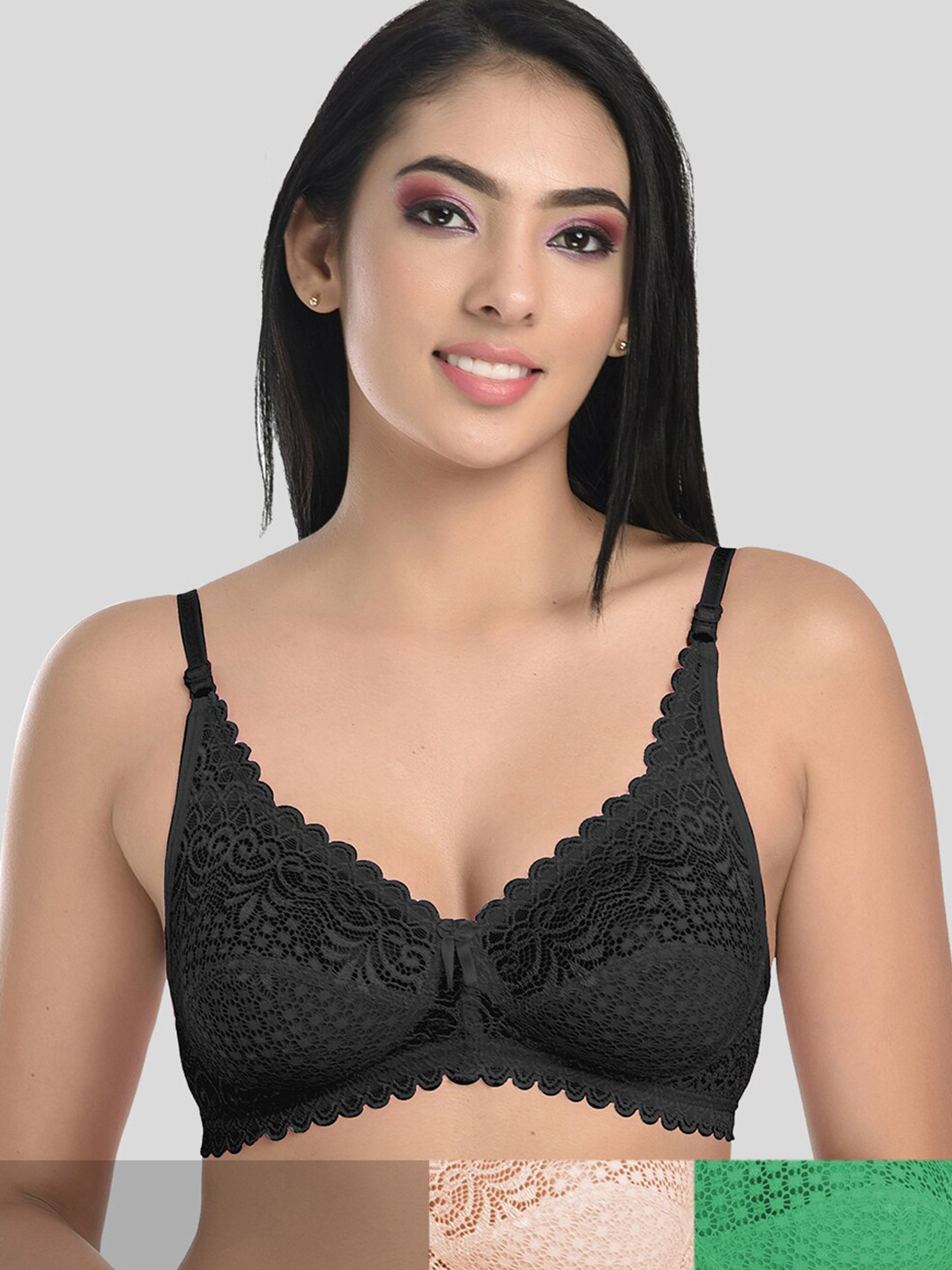 StyFun Pack Of 3 Black & Green Non Padded & Non Wired Floral Bra