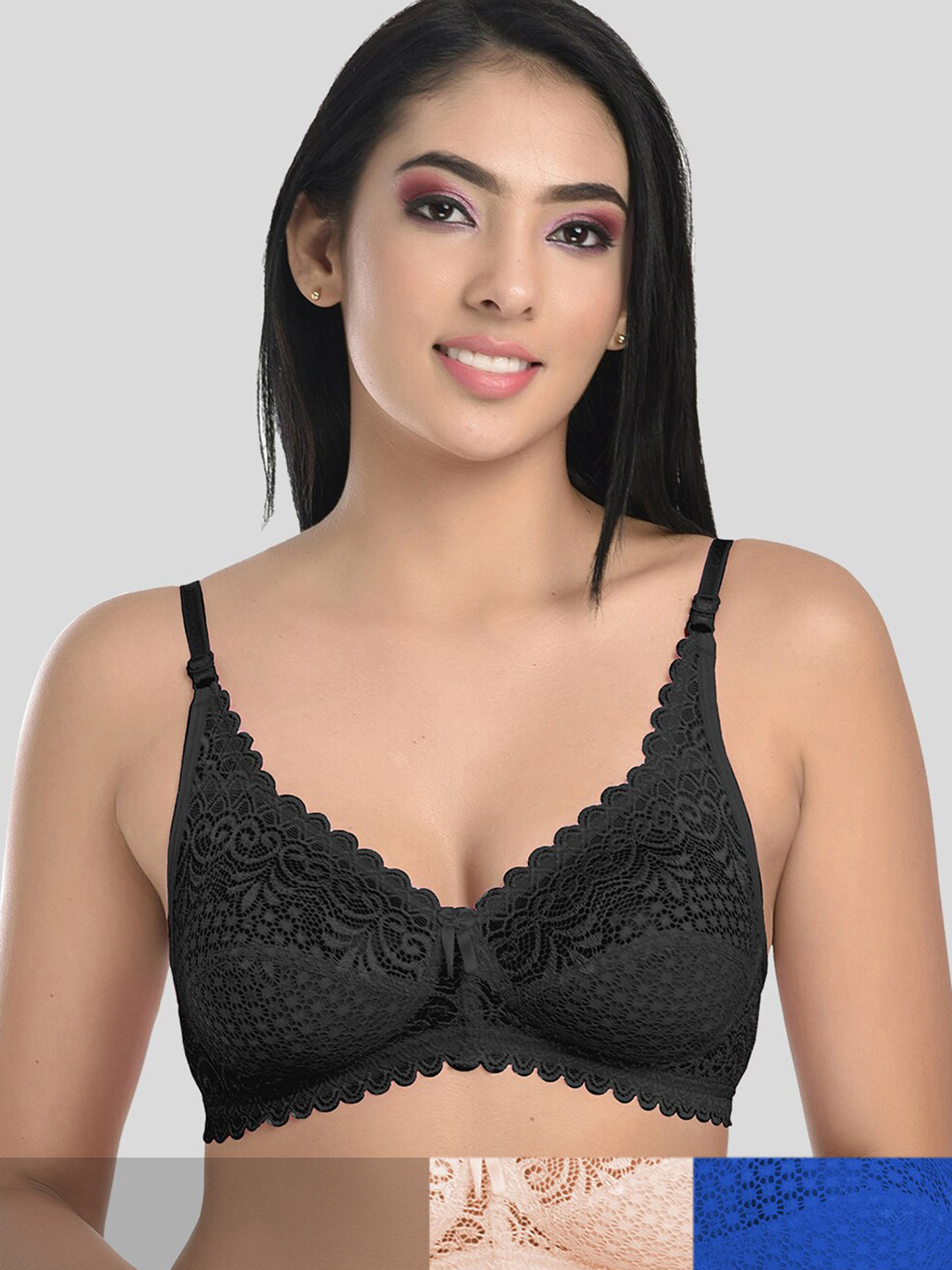 StyFun Pack Of 3 Black & Blue Non Padded & Non Wired Floral Bra