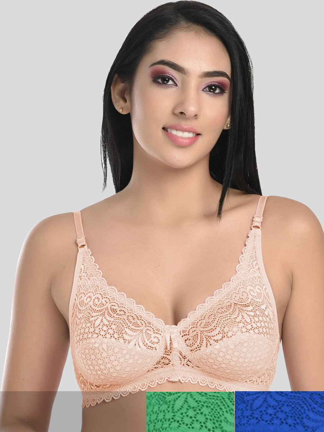 StyFun Pack Of 3 Beige & Green Non Padded & Non Wired Floral Bra