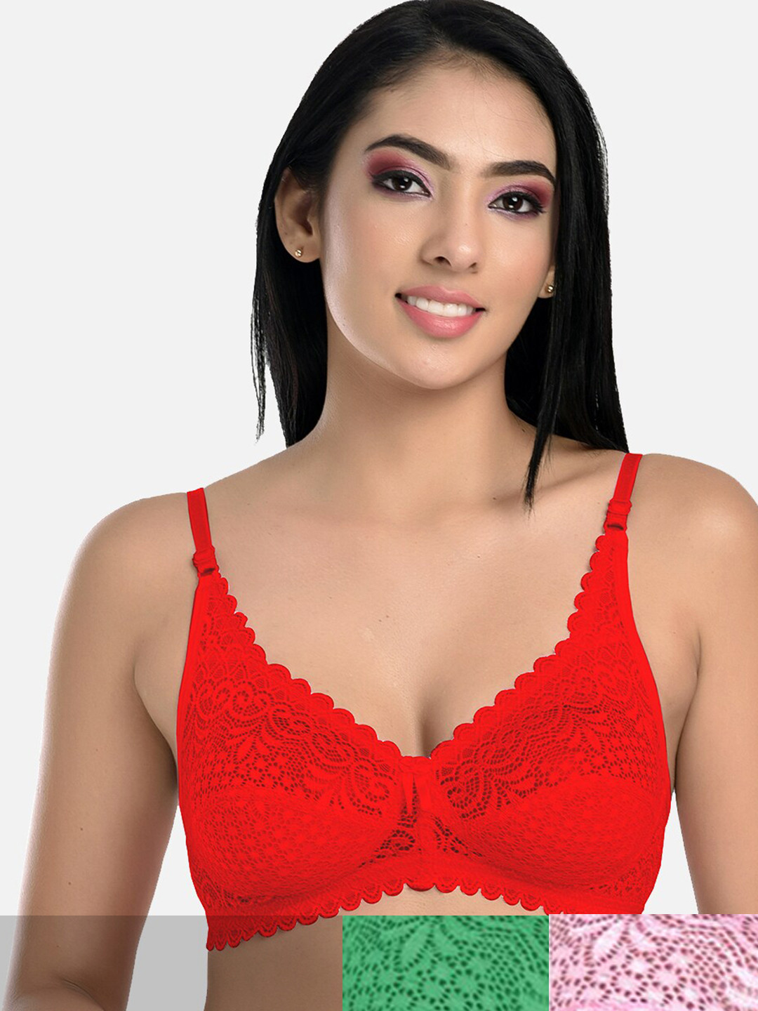 StyFun Pack Of 3 Green & Red Non Padded & Non Wired Floral Bra