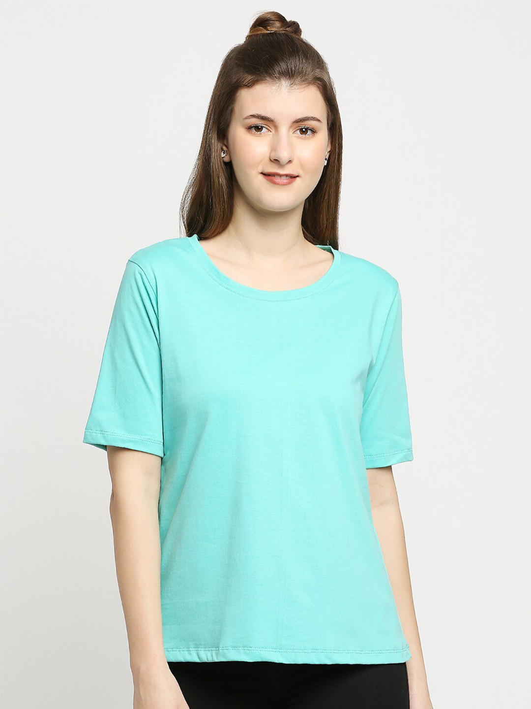 Autumn Hues Women Sea Green Solid Cotton T-shirt