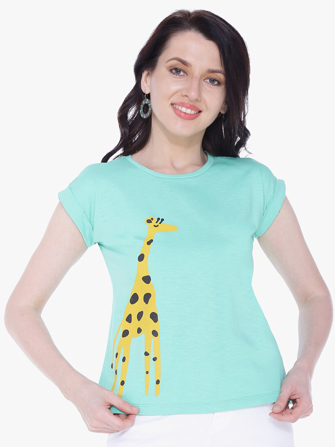 Autumn Hues Women Sea Green Cotton  Printed T-shirt