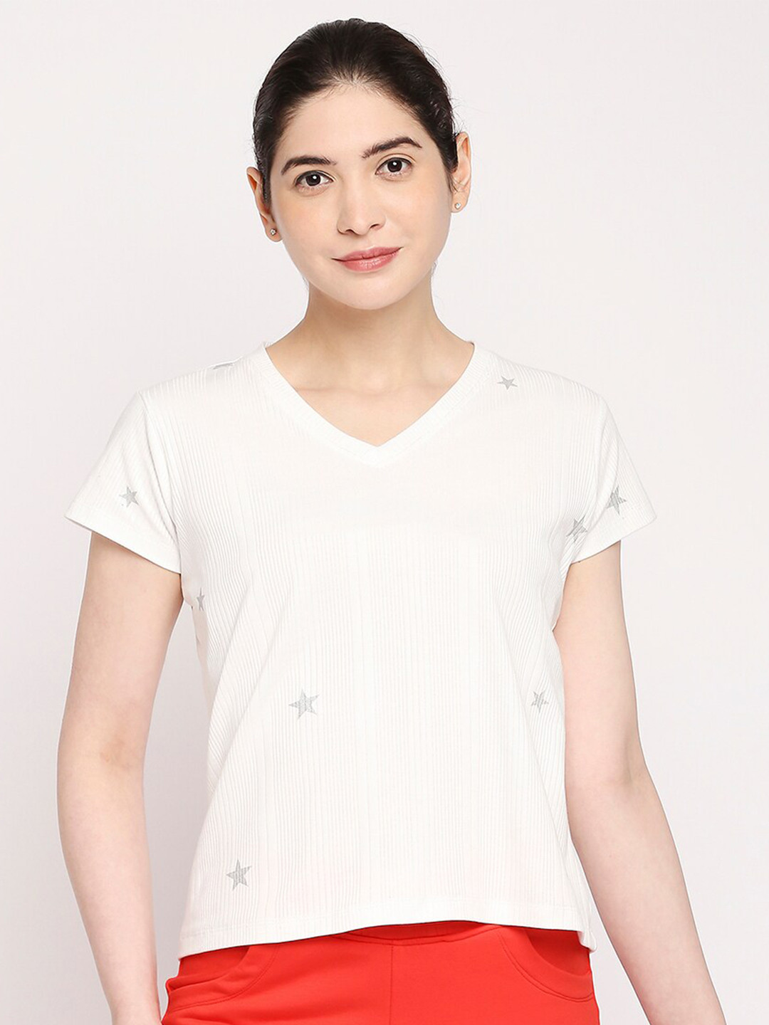 Autumn Hues Women White V-Neck Cotton T-shirt