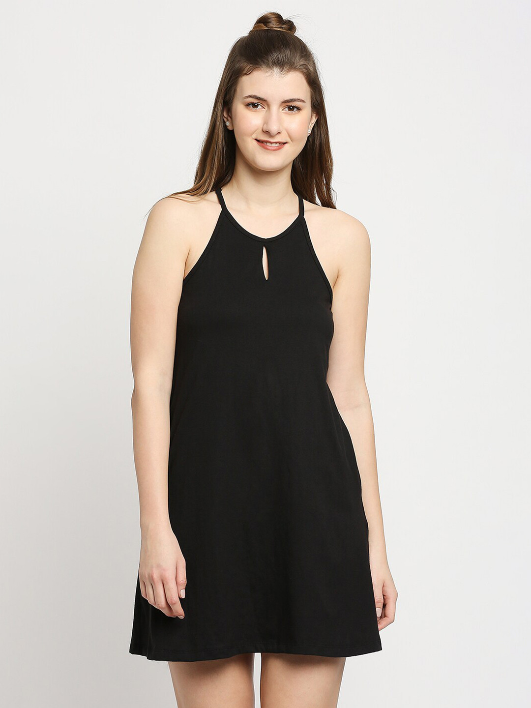Autumn Hues Black Keyhole Neck A-Line Mini Dress