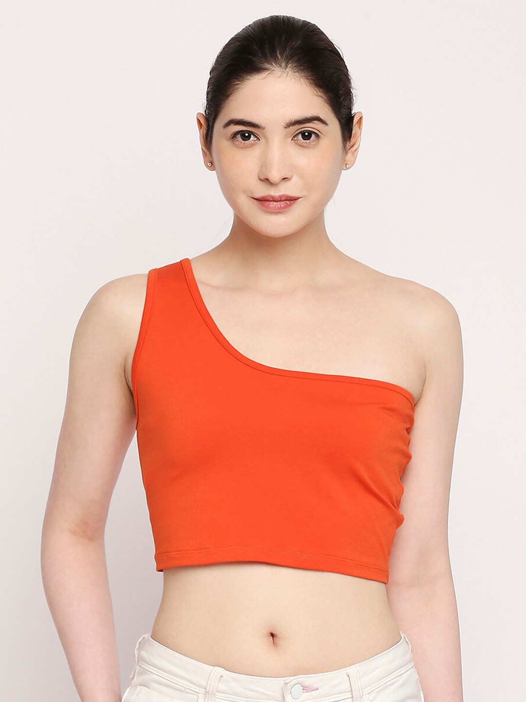 Autumn Hues Women Orange One Shoulder Pure Cotton Crop Top