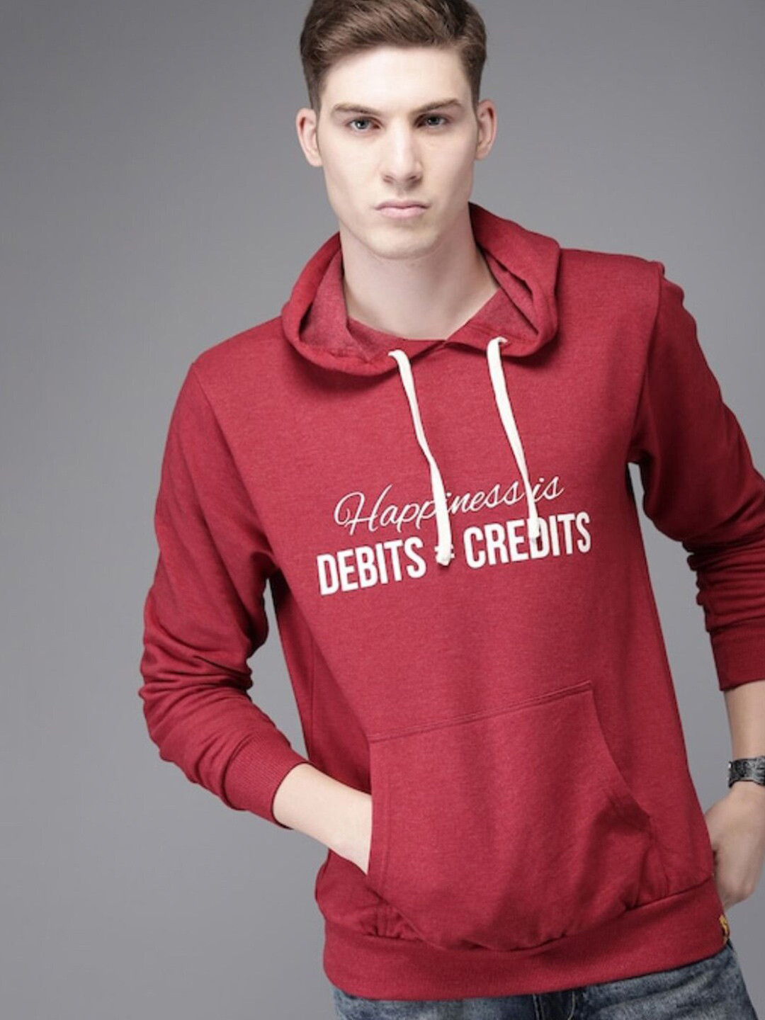 Campus Sutra Men Maroon Printed Hooded Casual Sweatshirt