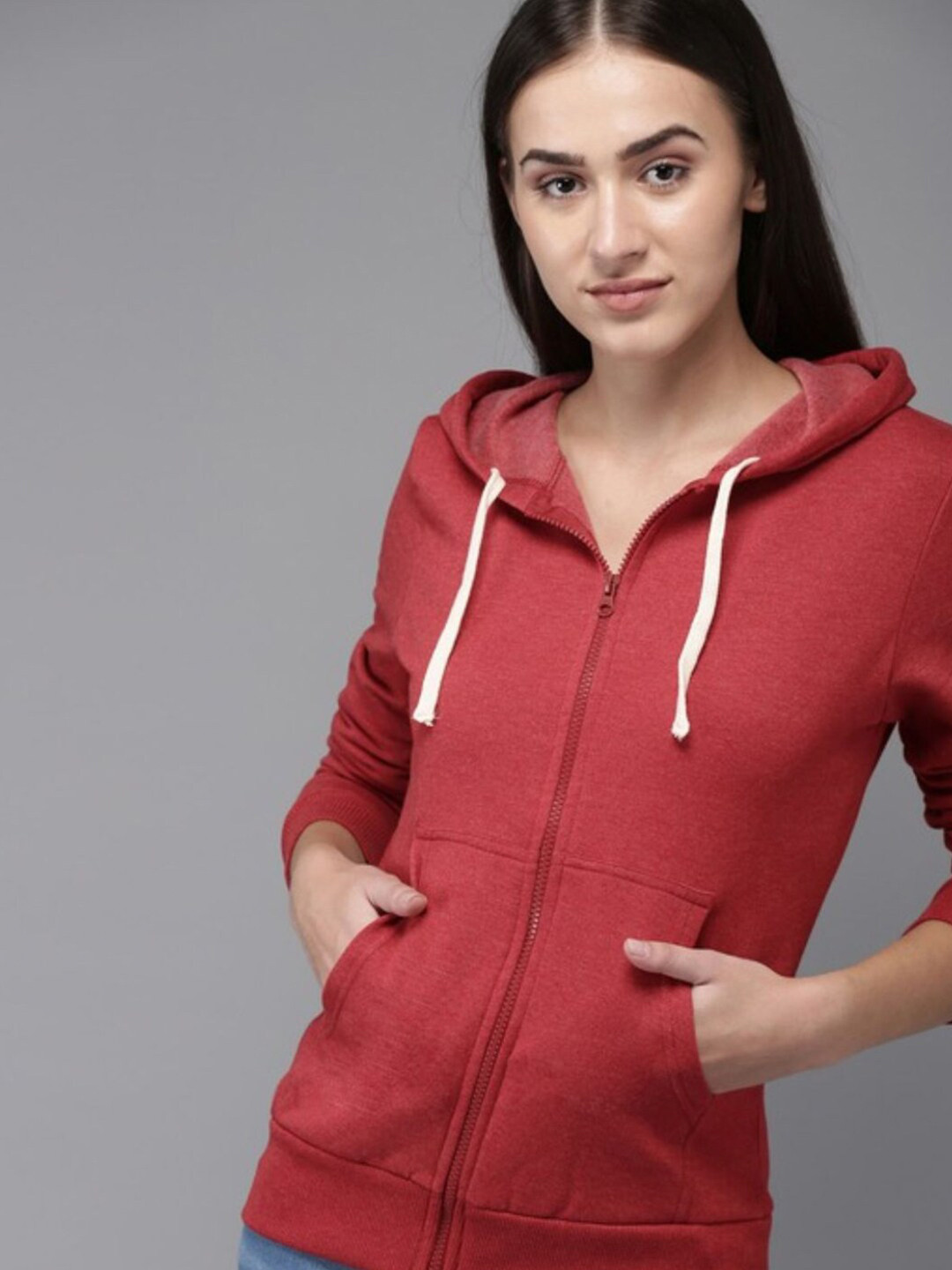 Campus Sutra Women Maroon Hooded Casual Sweatshirt